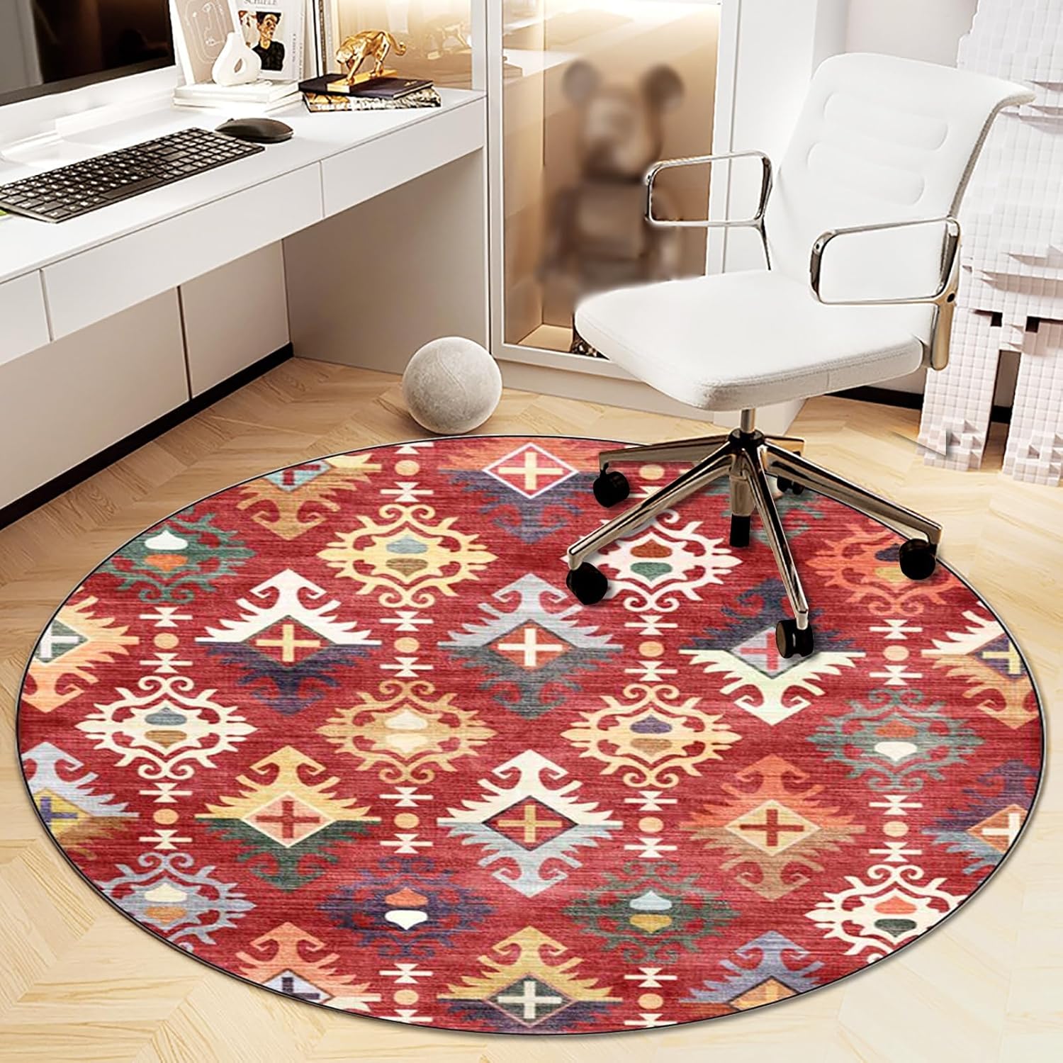 Office Chair Mat for Hardwood Floor, Vintage Computer Gaming Rolling Low Pile Carpet Floor Chair Mat, Anti-Slip Backing Round Desk Rug Floor Mat for Home