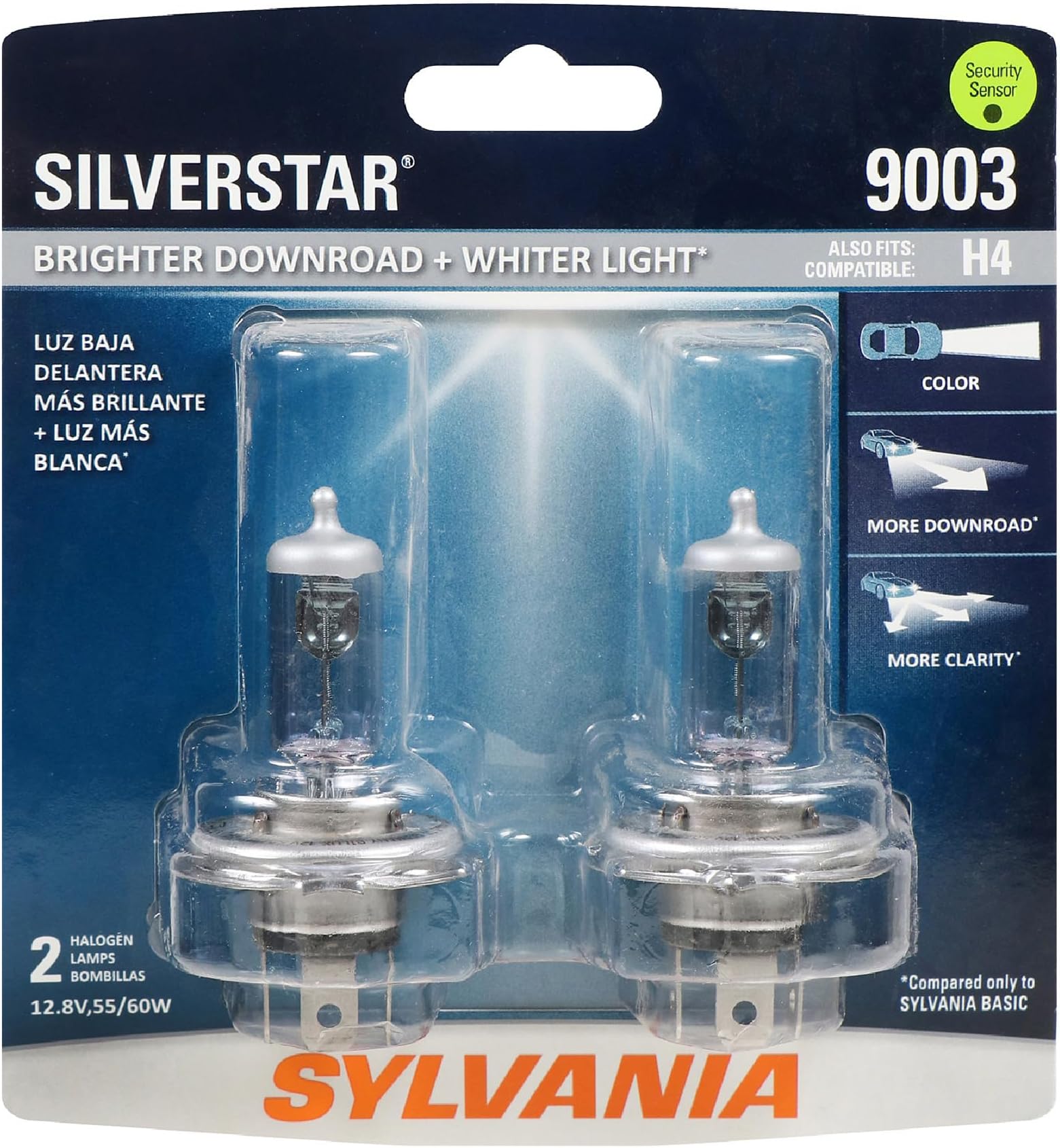 SYLVANIA - 9003 SilverStar - High Performance Halogen Headlight Bulb, High Beam, Low Beam and Fog Replacement Bulb, Brighter Down Road with Whiter Light (Contains 2 Bulbs)