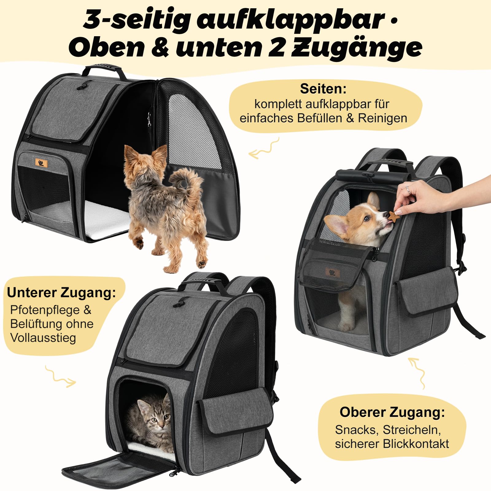 Aystkniet Katzenrucksack & Hunderucksack bis 10kg, Große Haustier Transporttasche mit 270° Belüftung, 3 Öffnungen, Faltbar, Atmungsaktiv für Reisen, Wandern, Flugzeug & Tierarzt