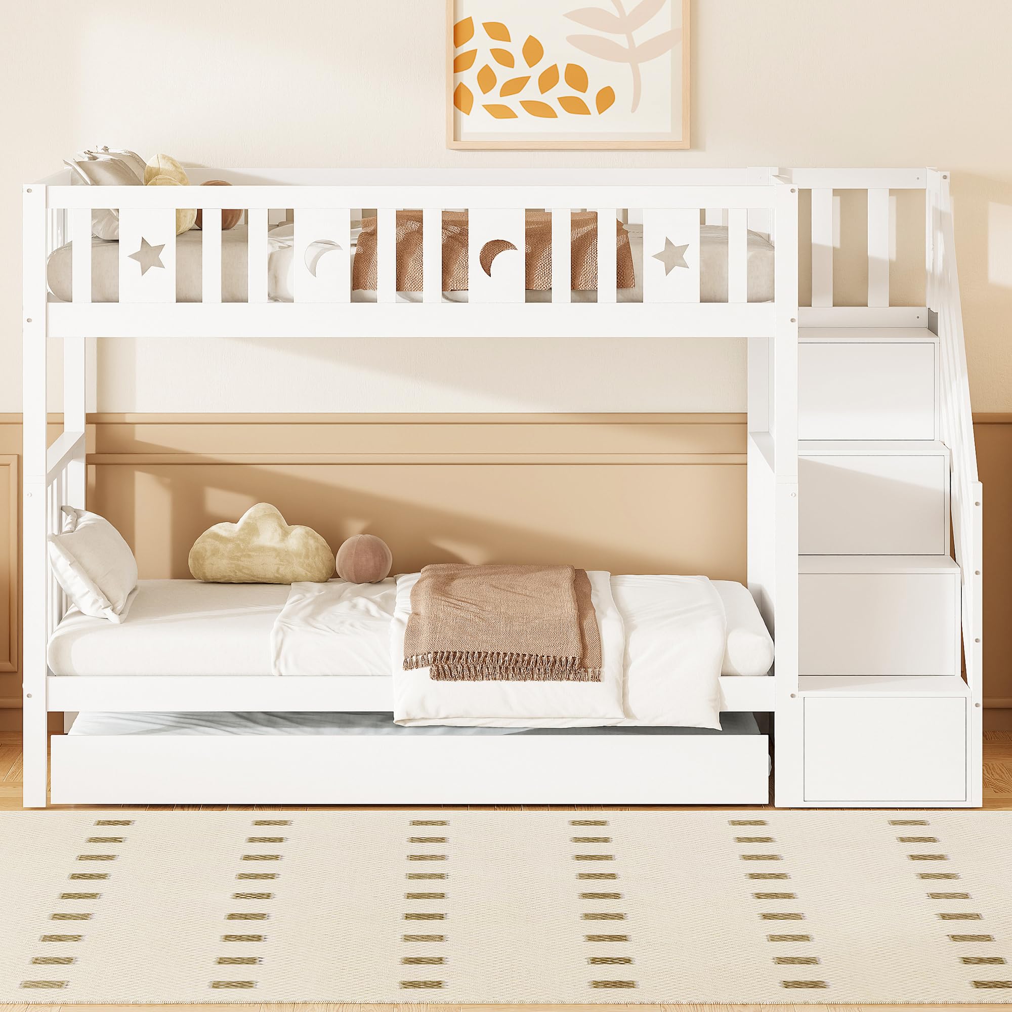 Kinderbett 90x200/90x200cm, Hochbett Etagenbett mit Stauraum-Sicherheitstreppe&Ausziehbett&Lattenrost, Jugendbett Holzbett Stockbett für 2 Kinder, Rausfallschutz Bett, Massivholz, Weiß