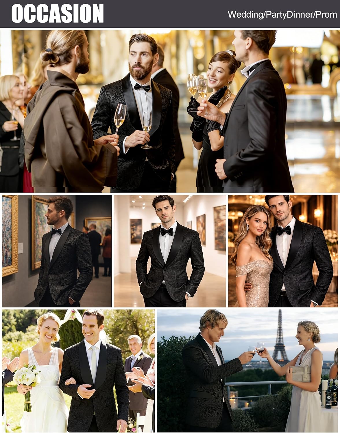 Men's 2 Piece Suit Set, Slim Fit One Button Jacquard Shawl Lapel Jacket and Pants for Wedding Prom Banquet Black