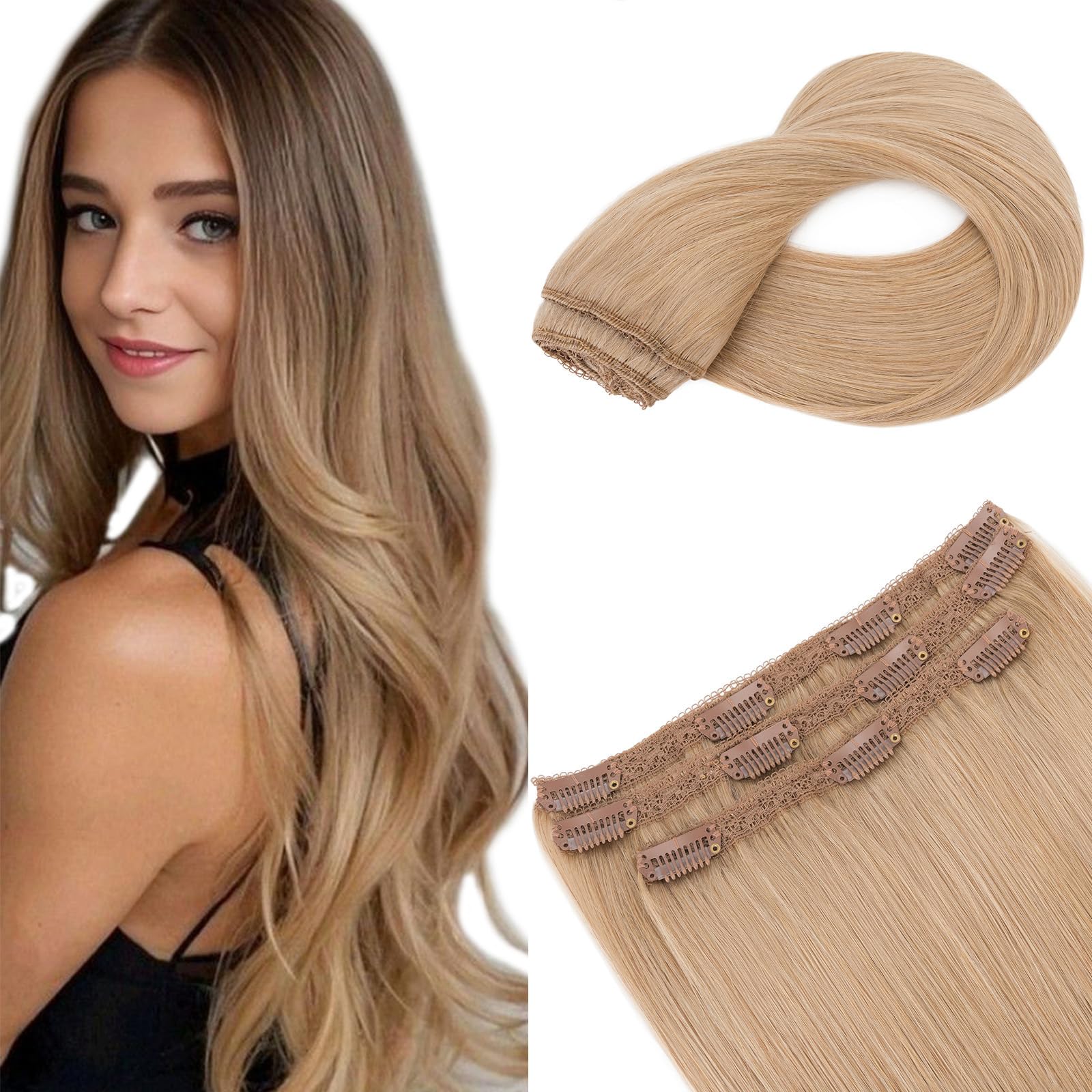 Elailite Real Hair Extensions Clip In Human Hair Remy #27 Dark Blonde Double Weft Seamless Hairpieces Straight 22 Inch (86 g) 86g 3 Pieces