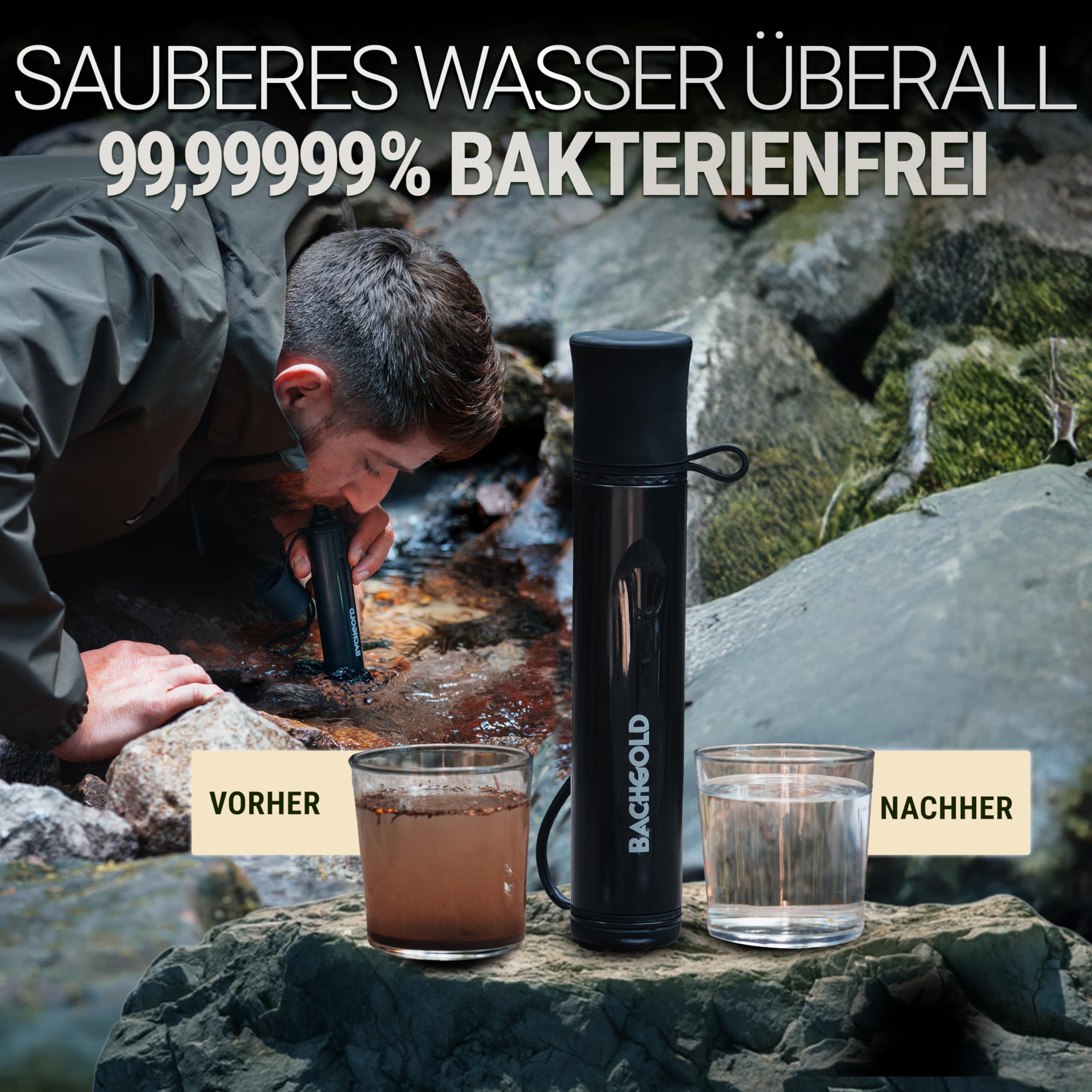 Bachgold Straw Wasserfilter Outdoor Survival – Entfernt 99,99% Viren, Bakterien & Protozoen – 2-Stufen Elektroadsorption mit 70 cm Schlauch – Ultraleicht, für Camping, Wandern & Notfall, Schwarz