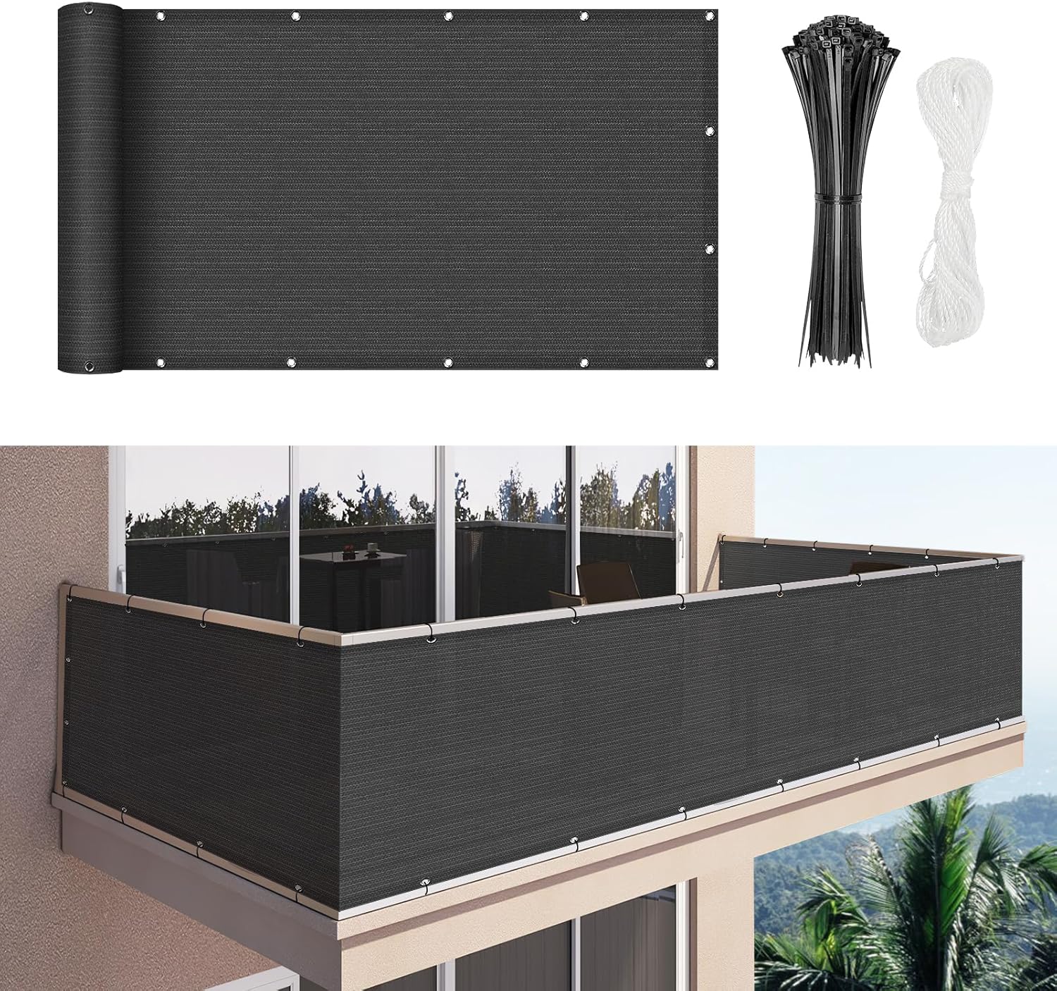 Duerer Balcony Screen Privacy Fence Cover 3' x 16.5' Black