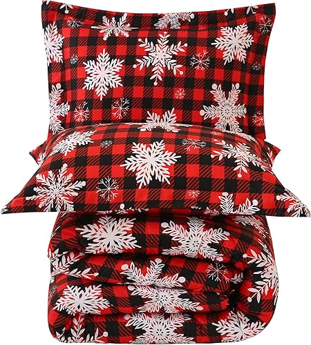 Miniatura 5 de JSD Juego de edredón de copos de nieve a cuadros de búfalo rojo, tamaño Queen, edredón de microfibra con estampado de invierno de 3 piezas con
