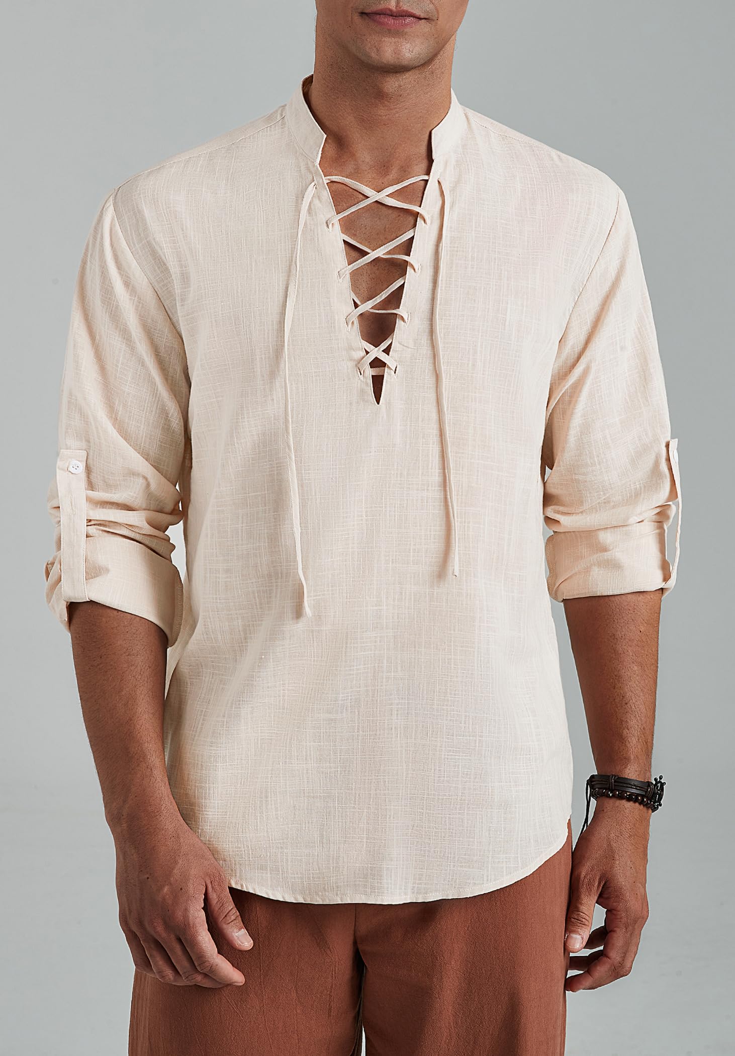 Enlision Camisas de Lino para Hombre Retro Medieval Renacimiento Cordón Henley Camisa Escocesa Ghillie Camisas de Manga Larga