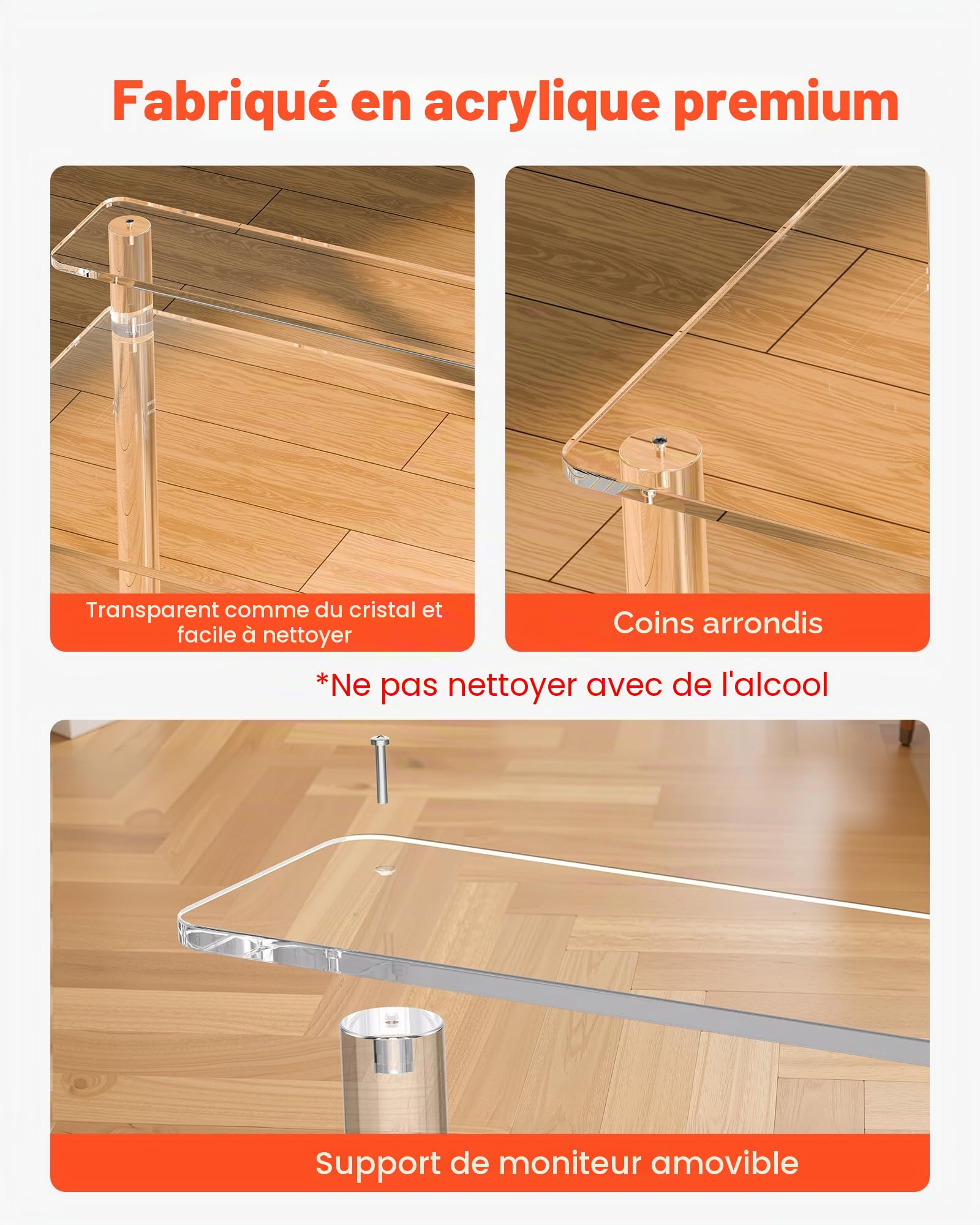 VEVOR Table de Bureau en Acrylique, 50 x 80 x 88 cm, Bureau d'étude Transparent à 2 Niveaux avec Support d'écran, Table Console en Acrylique Moderne, capacité de Charge 60 kg, pour Chambre, Salon
