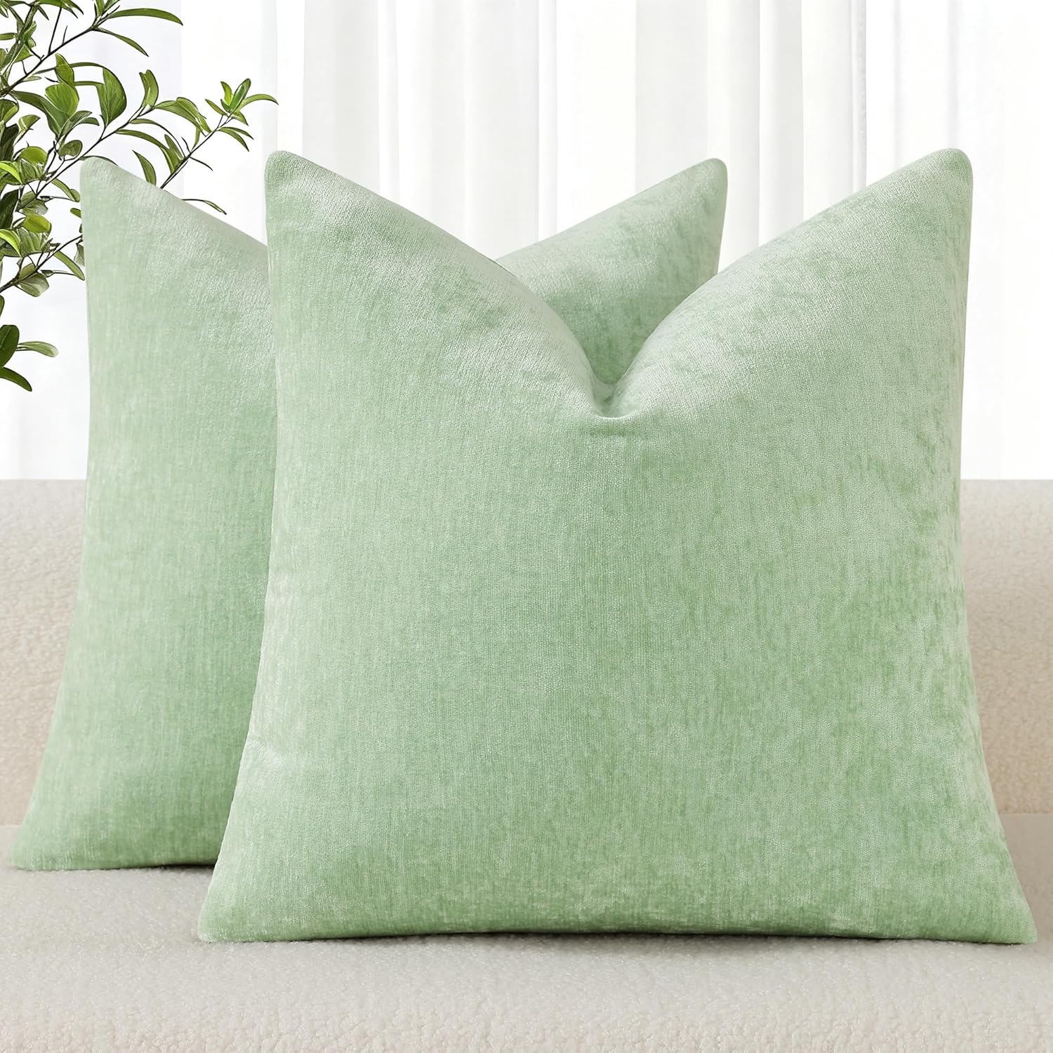 decorUhome Chenille Sage Green Spring Throw Pillow Covers 18x18 Inch Set of 2, Decorative Soft Couch Pillow Covers Solid Dyed Accent Farmhouse Neutral Square Pillow Cases for Sofa