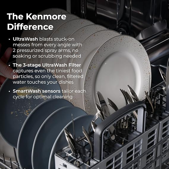 Kenmore 22-14589 24 Built-In Dishwasher - UltraWash, SmartWash, Sanitize Rinse, SmartDry, and Leak Detection - 14 Place Settings - 57 DBA - ENERGY STAR Certified - 24 - Black