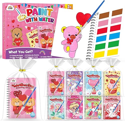 ZMLM 24 Water Coloring Books for Kids Party Favors - Bulk Mini Coloring Books for Kids Ages 4-8,Small Birthday Goodie Bag Stuffers School Teacher Return Gift Art Crafts Classroom Prizes (Valentines)
