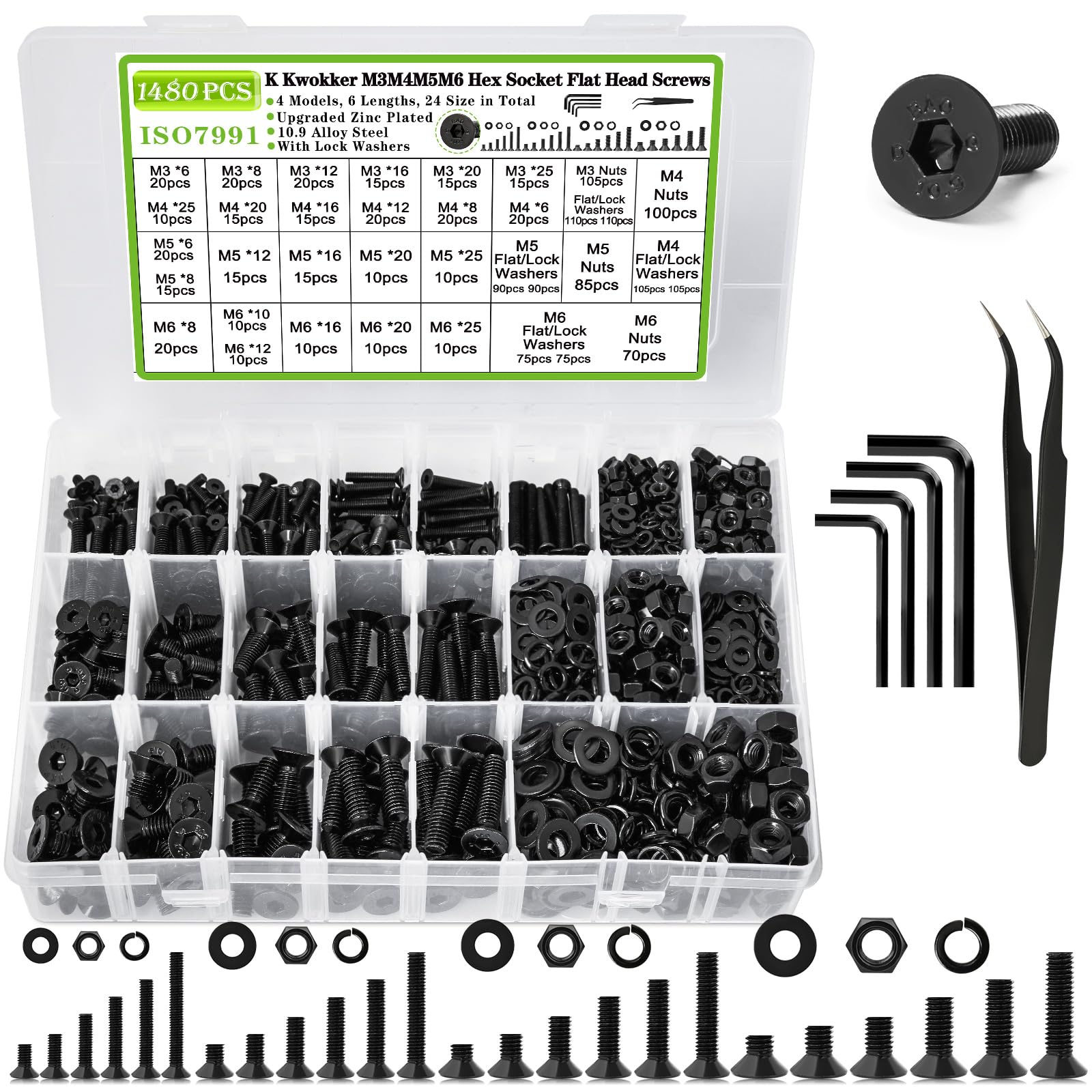 K Kwokker M3 M4 M5 M6 Nuts and Bolts Assortment Kit, Hex Socket Flat Head 24 Size 6-25mm Metric Bolt Assortment, Upgraded Zinc Plated Screw Set