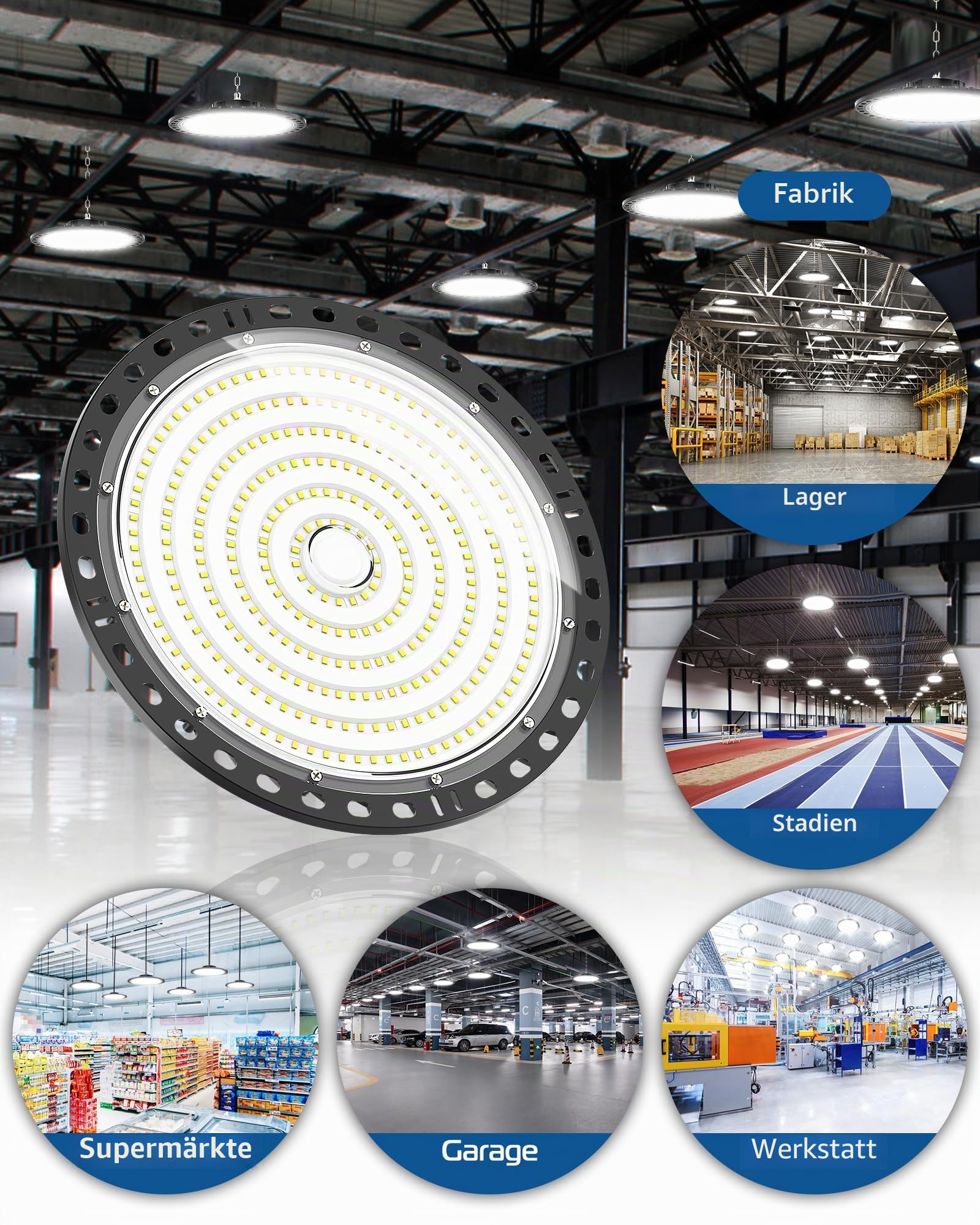 LED Hallenstrahler 100W 10000lm, 6 Stücke Hallenbeleuchtung UFO Lampe 6500K Kaltweiß, LED Werkstatt Deckenleuchte IP65 Wasserdicht AC 85-265V, für Werkstatt Garage Lager Keller