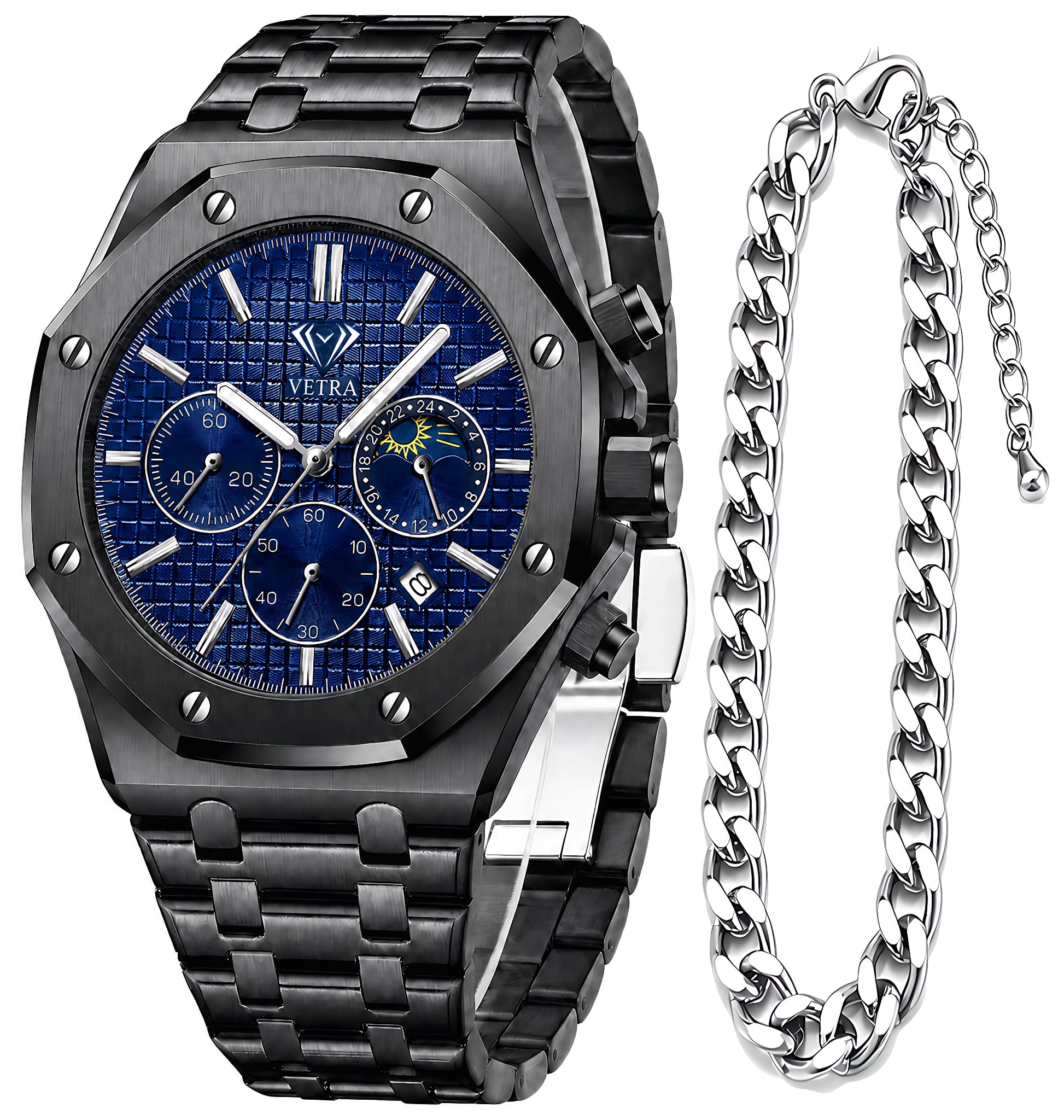 Watches for Men Luxury Business Multifunction Stainless Steel Black Silver | Chronograph,Moon Phase,Dress,Business, Analog,30M Waterproof,Luminous,Gift for men
