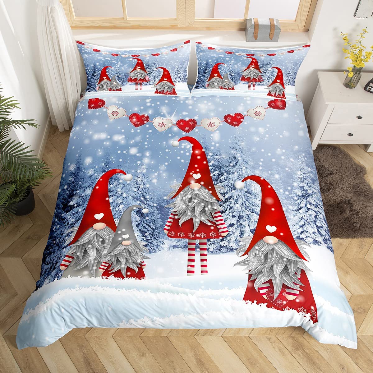 Homemissing Thème GNOME De Noël Courtepointe Courtepointe De Noël Motif Nain Draps Lit Rouges Et Bleus Costume Garçon Et Fille Décoration Paysage Neige 220x240cm