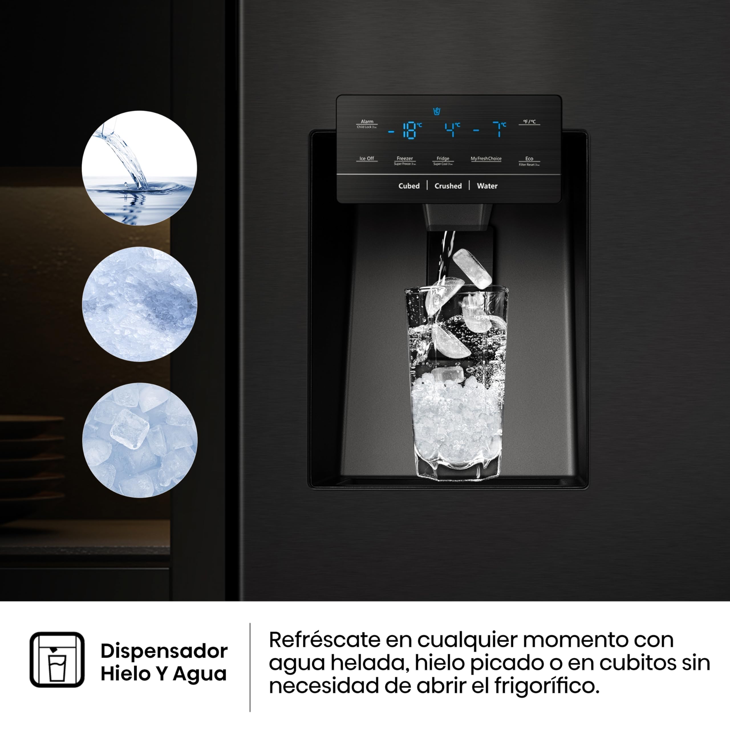 Hisense RQ760N4IFE Cross Door Puerta Americana con dispensador, Total NoFrost, Smart Connectivity con Pantalla & WiFi, MultiFlow,Metal Tech Cooling, E, Negro