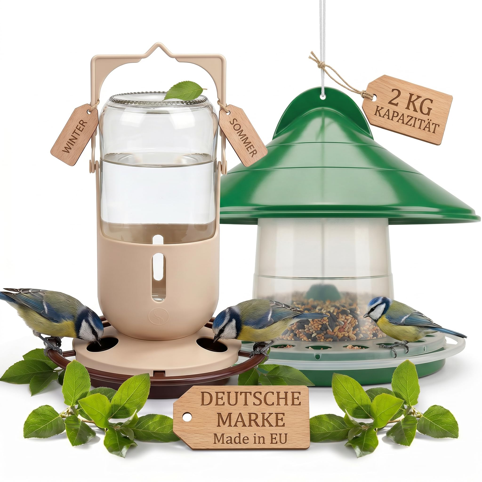 Vogelfutterhaus & Vogeltränke Set – Vogelfutterspender 2kg mit Wetterschutzdach und Vogeltränke aus Glas, Vogelfutterstation für Balkon & Garten