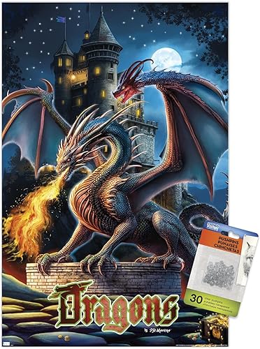 Trends International PD Moreno - Póster de pared de castillo de dragón, 14.72 x 22.37 pulgadas, paquete de póster premium y alfiler