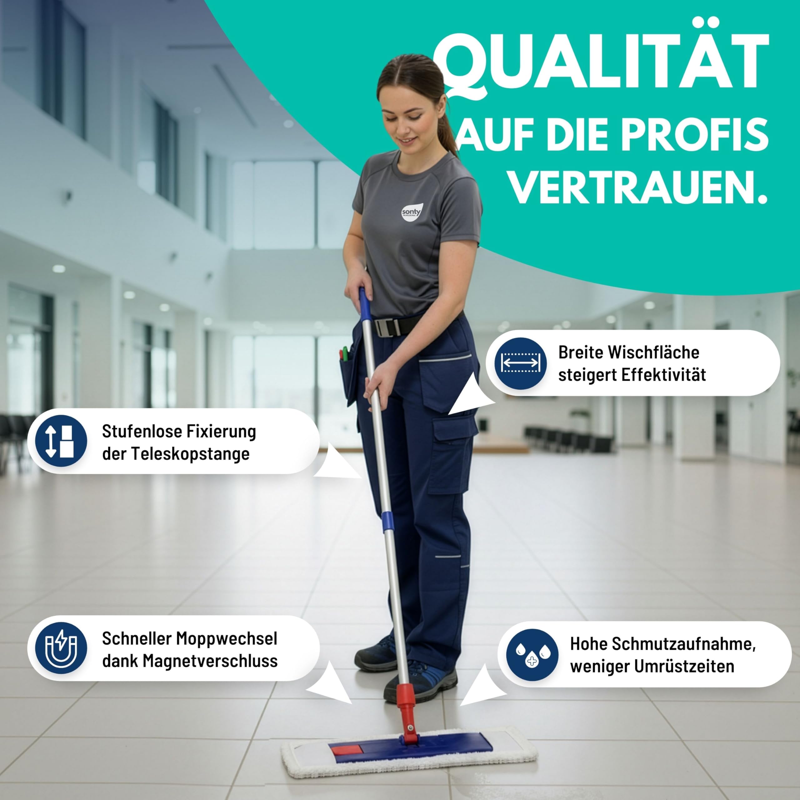 SONTY Profi Wischmopp 50 cm Set – Bodenwischer mit Magnet Klapphalter, 50 cm Microfaser Wischbezug & verstellbarem Alu Moppstange | Wischmop für Gewerbe, Gastro, Haushalt & Hartböden