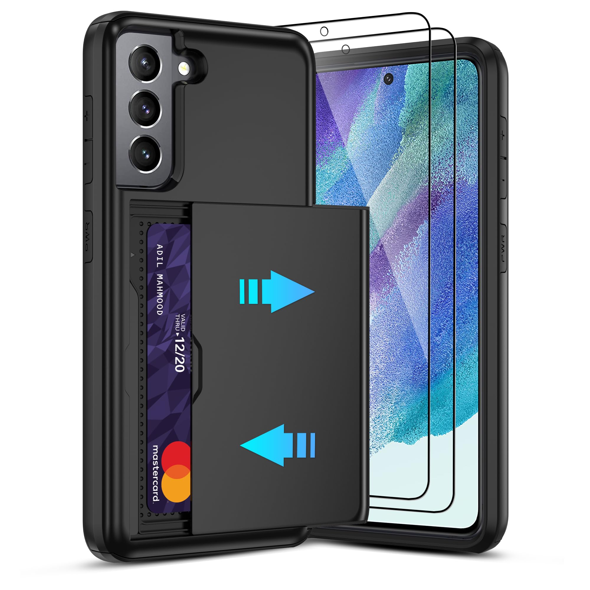 Pilaru for Galaxy S21 FE 5G Case with Card Holder and (2 Pcs) HD Screen Protector, Slim Heavy Duty Dual Layer Shockproof Design & Hidden Card Slot