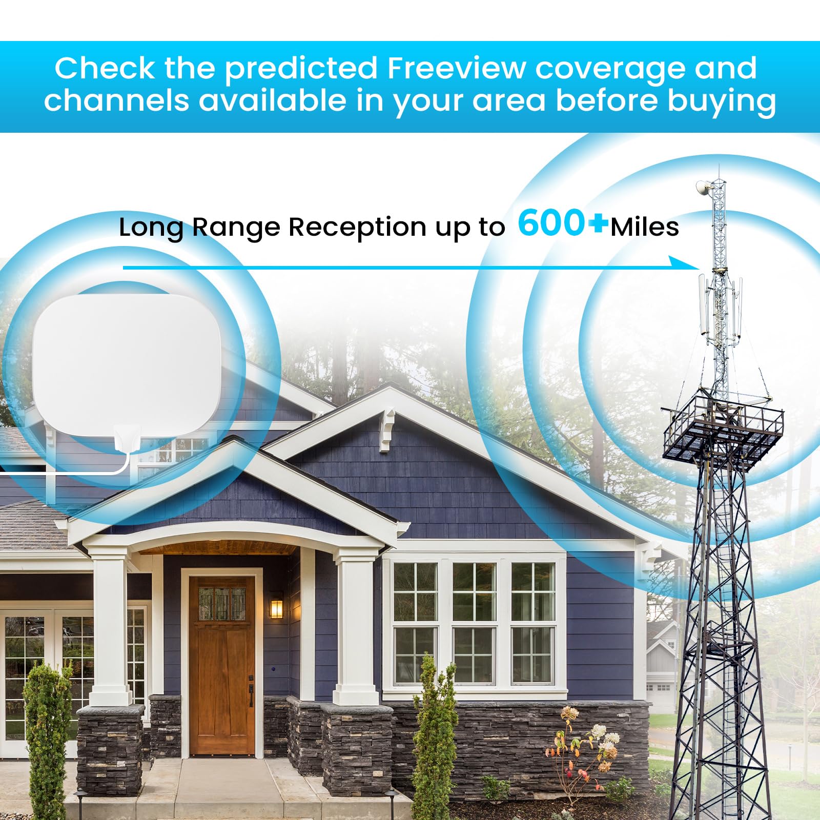 2026 Antenne TV Intérieure Améliorée, 600KM+ Antenne TNT Intérieure à Longue Distance, Réception HD à 360° Chaînes TV Locales, Compatible avec Les TVs Intelligents et Anciens, Câble Coaxial de 10M