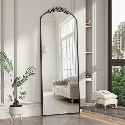 Hasipu Espejo de pared vintage negro de 69 x 24 pulgadas, espejo arqueado antiguo con marco de metal, espejo adornado negro, espejo barroco para
