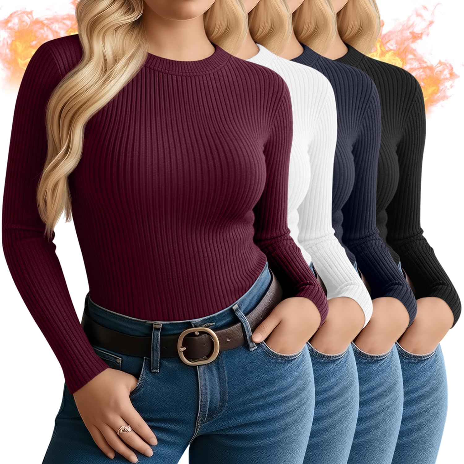 Velvelhall 4 Pack Women's Plus Size Long Sleeve Thermal Shirts Cotton Crew Neck Fleece Lined Tops Slim Fit Winter Undershirt
