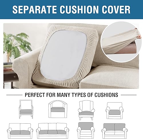 Miniatura 7 de H.VERSAILTEX - 4 fundas de sofá elásticas para 3 fundas de cojín para muebles de sala de estar (funda base más 3 fundas de cojín de asiento), tela