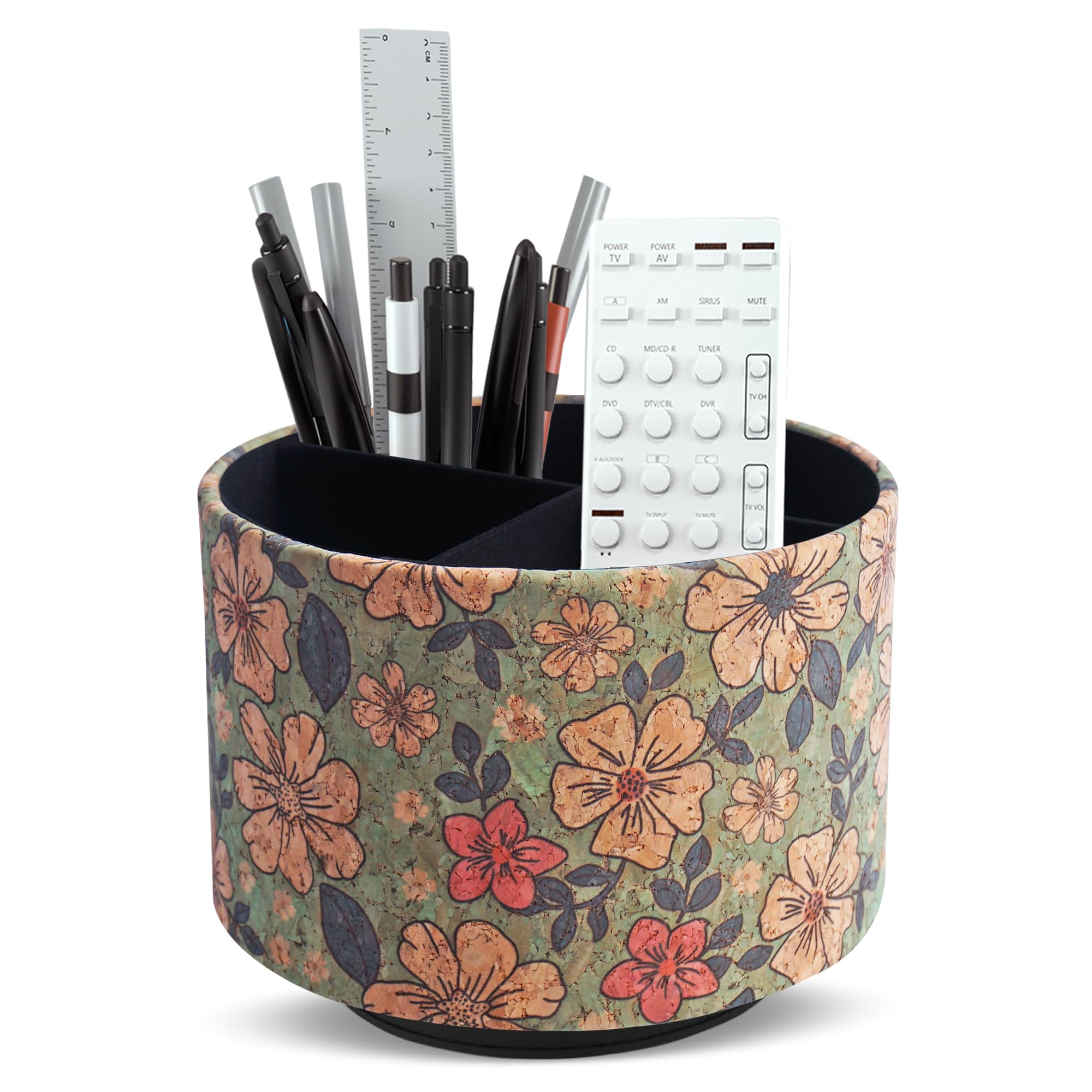 Mtzmy Round Leather Art Supply Organizer,Remote Control Holder,360 Degree Spinning,Multi-Functional Pencil Holder,4 Compartments Desktop Stationary Organizer(1-Soft Green)