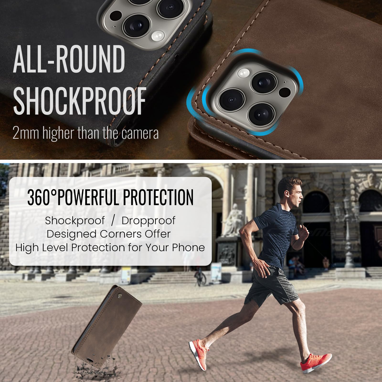 Azororo Cover per iPhone 15 ProMax 5G, Premium PU Pelle Custodia, Magnetica Carta Fessura Portafoglio Case, Flip Cavalletto Custodia per iPhone 15 ProMax - Caffè