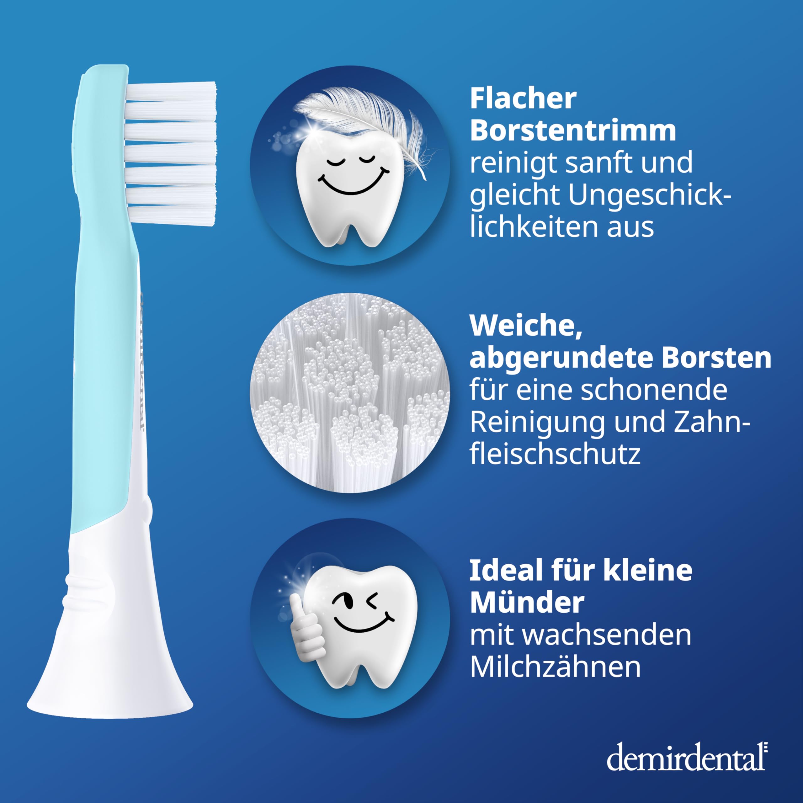 demirdental Kinder Ersatzbürsten passend für Philips Sonicare Kids – Mini Aufsteckbürsten für 3-6 Jahre, extra weiche Bürstenköpfe für Milchzähne, entspricht HX6034, Türkis, 8er Set