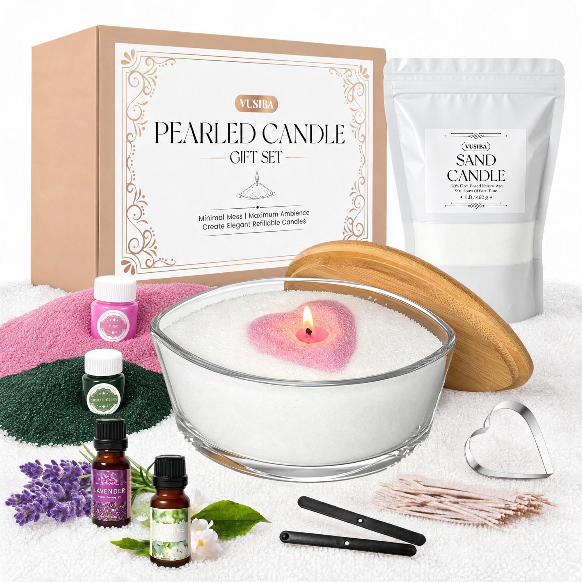 VUSIBA Kit de cera de arena con vela perlada de 1 libra con mecha y tarro