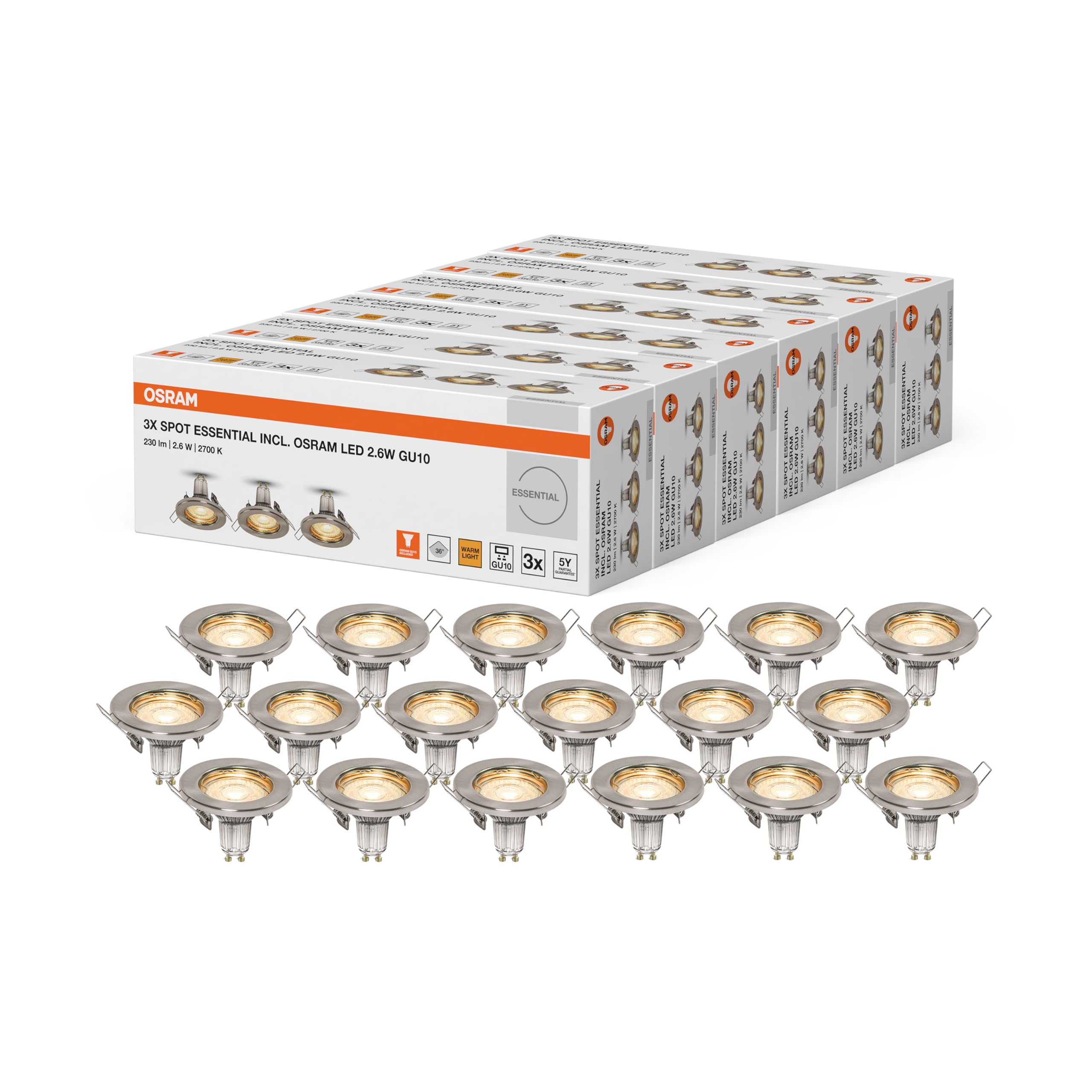 OSRAM Luz empotrada de techo níquel cepillado, blanco cálido | Spot Essential, Spot lights and ceiling spots, Azul| gris, 80 mm dia, 25000 h, Paquete de 6