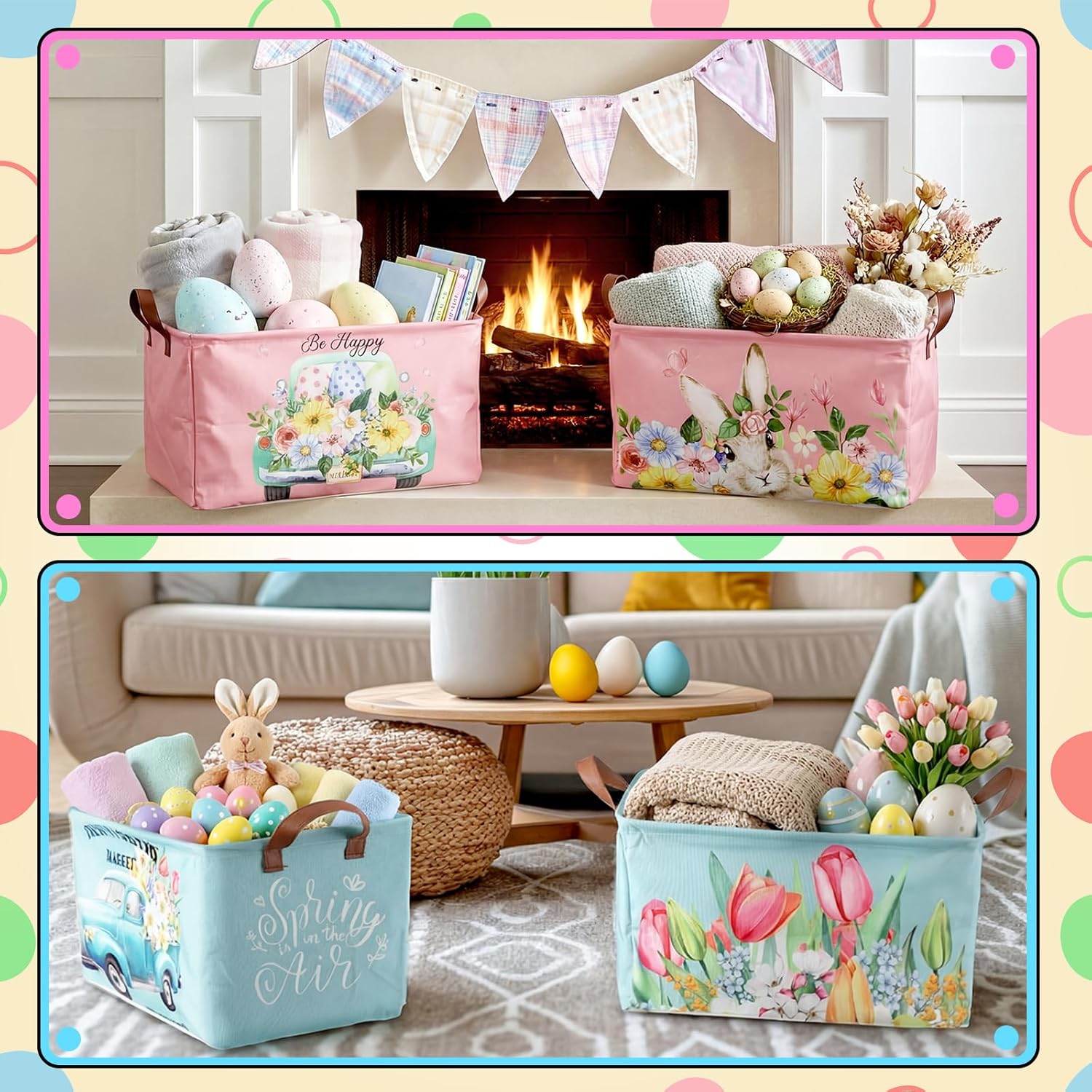 CHENGU 8 Pack Large Easter Gifts Baskets Empty Collapsible Holiday Storage Bin St Patricks Day Valentines Canvas Laundry Basket Foldable Box with Handle for Home Office Bedroom Clothes Toys