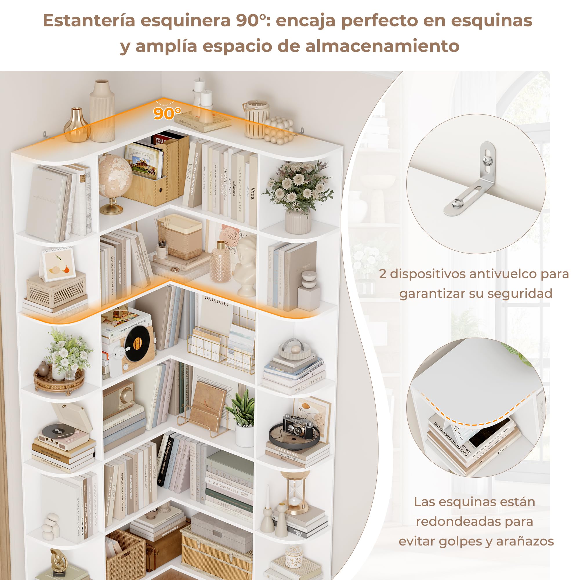 FirFurd 185cm Estantería Esquina 6 Niveles Estantería Libros Librería Salón | Estante en Forma de L Mueble Almacenaje, Libreria Estanteria para Salón Oficina Estudio, Grande y Alta, Blanco, 80x84x185cm