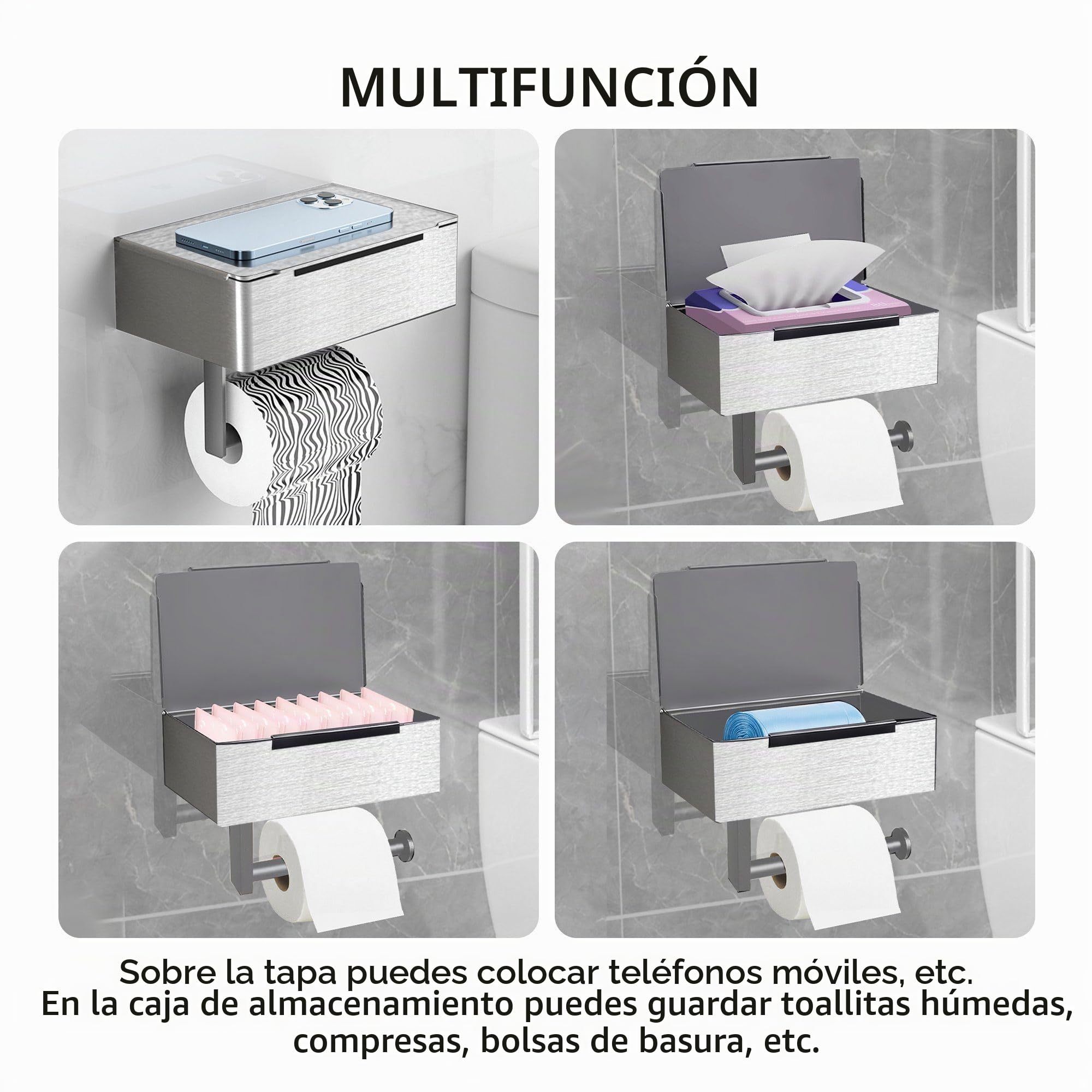 Portarrollos de Papel Higiénico de Acero Inoxidable, Autoadhesivos o Taladrar en Pared, Portarrollos de Papel Higiénico para Inodoro Baño Cocina (Plata, Estilo B)