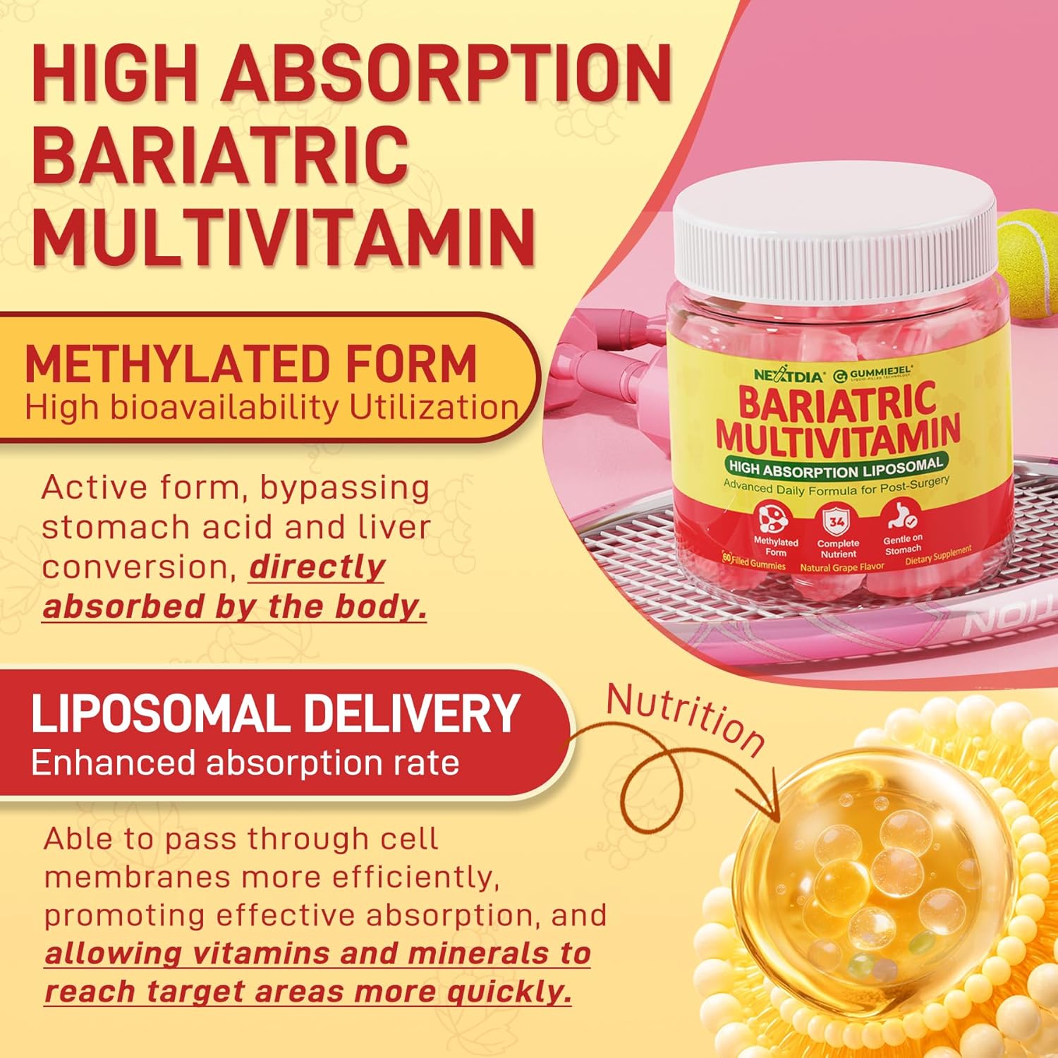 Liposomal Methylated Bariatric Multivitamin Gummies with Iron for Women & Men, High Absorption Multivitamin w/CoQ 10, Probiotic, Digestive Enzymes Support Gastric Bypass & Sleeve Recover, Energy,1Pack - Image 4