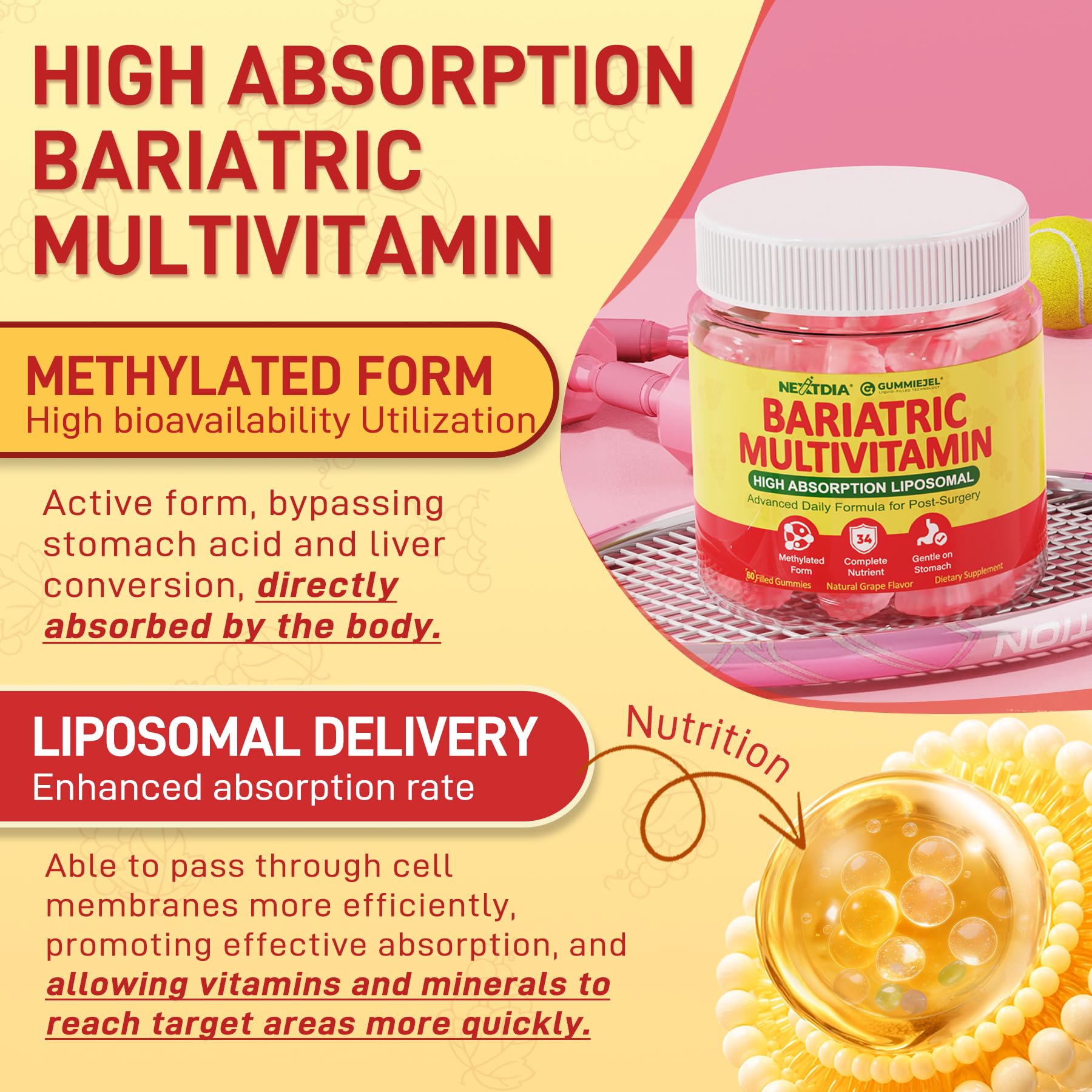 Liposomal Methylated Bariatric Multivitamin Gummies with Iron for Women & Men, High Absorption Multivitamin w/CoQ 10, Probiotic, Digestive Enzymes Support Gastric Bypass & Sleeve Recover, Energy,1Pack — Amazon image 4