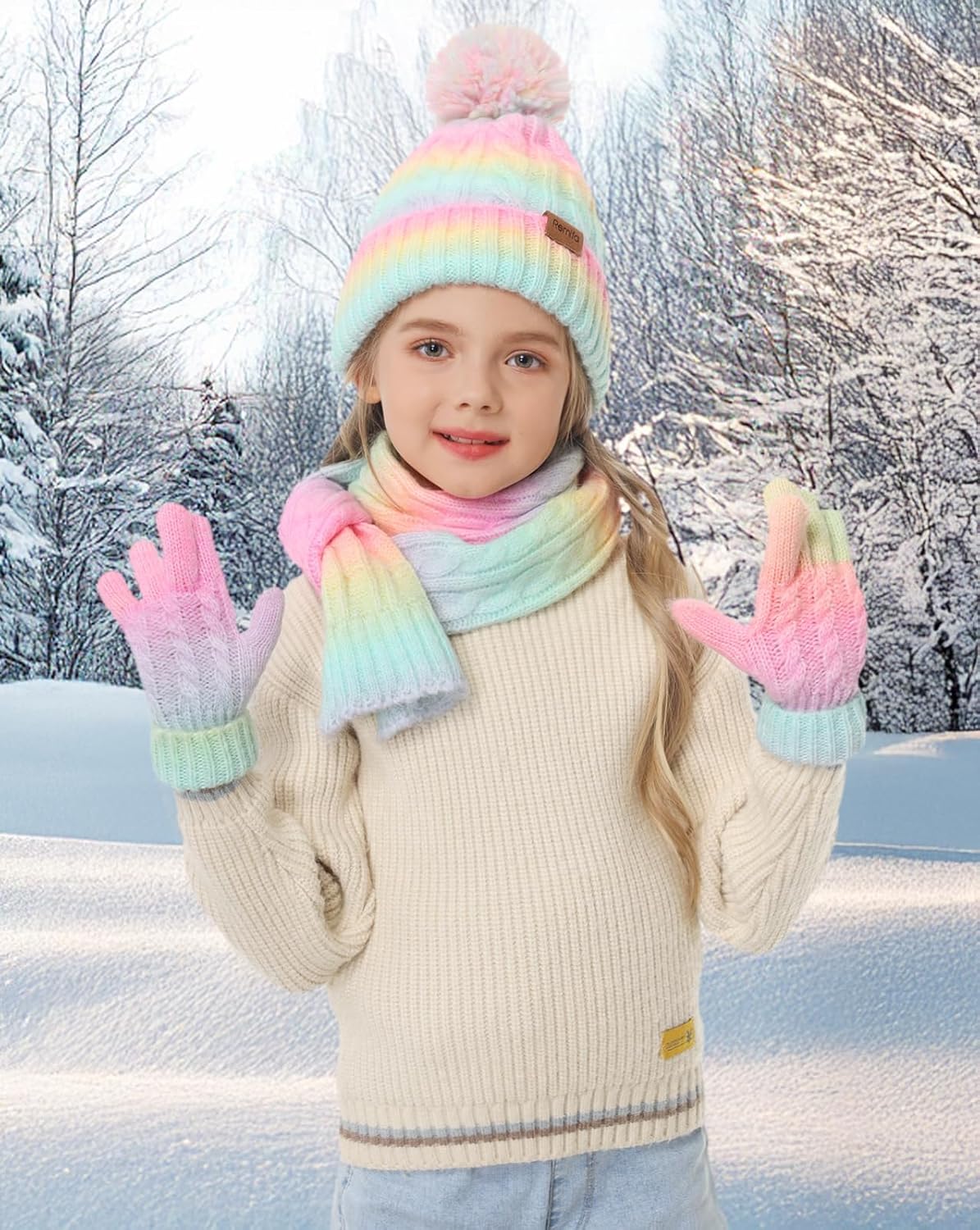 Remifa Kids Winter Hat Scarf Gloves Set, Girls Boys Toddler 8% Wool Warm Fleece Beanie Knit Neck Scarf Mittens Christmas Gift - Image 4