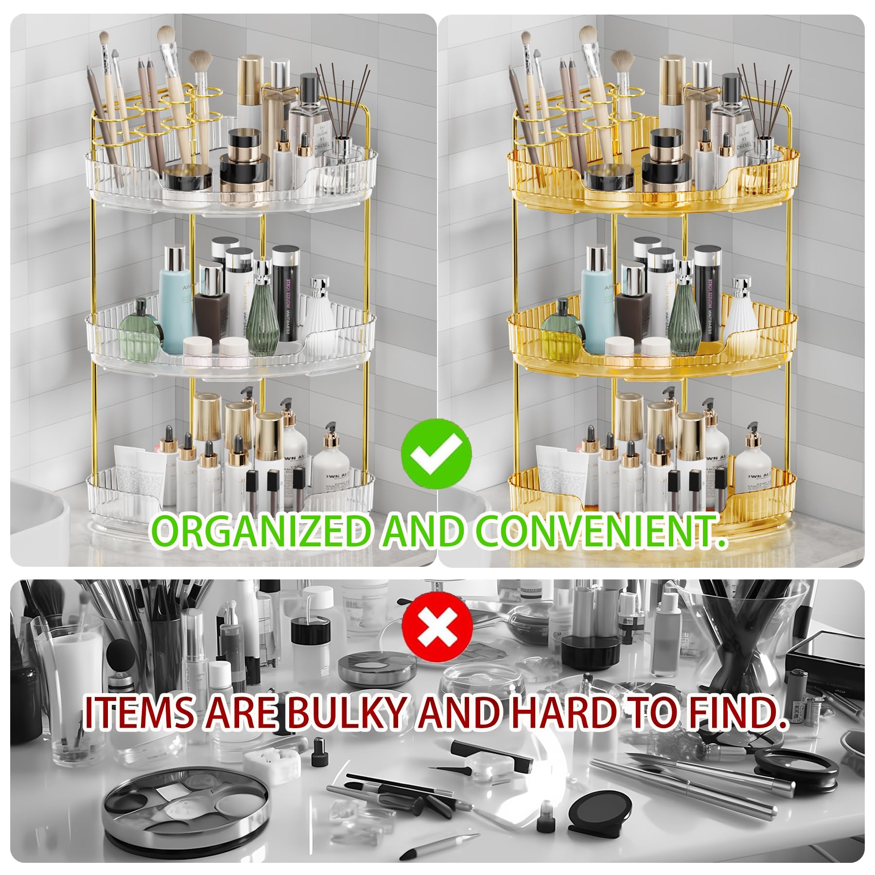 3-Tier Corner Perfume Tray Organizer, Tool-Free Installation, Vanity Shelf Makeup Cosmetic Storage, Daily Essentials Holder, Suitable for Bathroom Counter, Dresser, Toilet, Kitchen, Hotel (Obsidian)