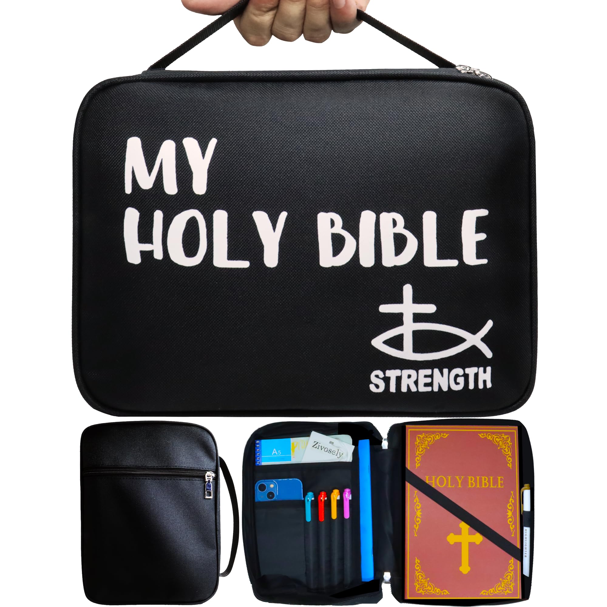 Zivosely My Holy Bible Case, Practical Bible Cover Case with Handle, Pockets, Pen Slots, 10” x 8” Portable Bible Carrier Bag Fit Medium to Small