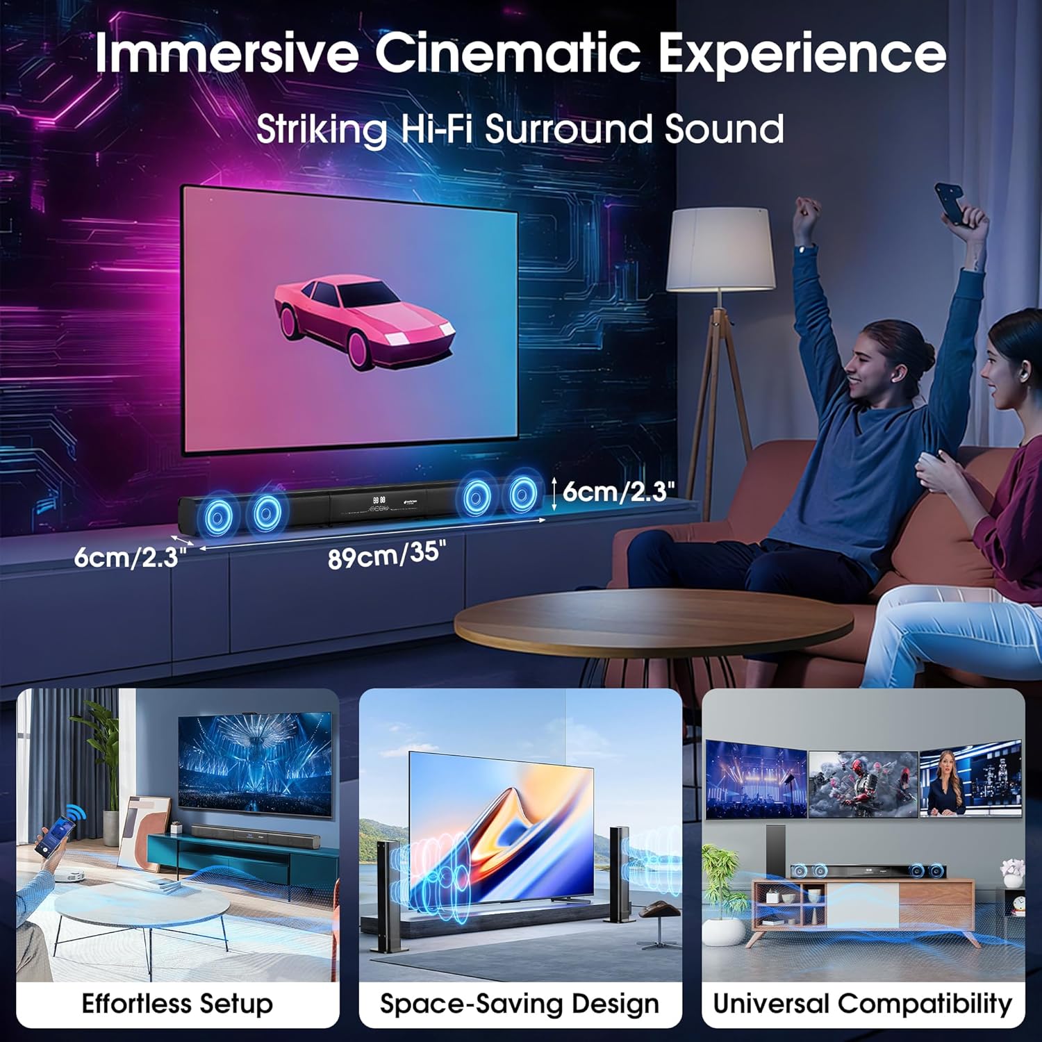 2.1 Channel Sound Bar with Wired Subwoofer, Dorby Audio 35in Detachable TV Soundbar, Bluetooth, HDMI-ARC, Optical, AUX, USB, FM, Coaxial Inputs for Home Theater