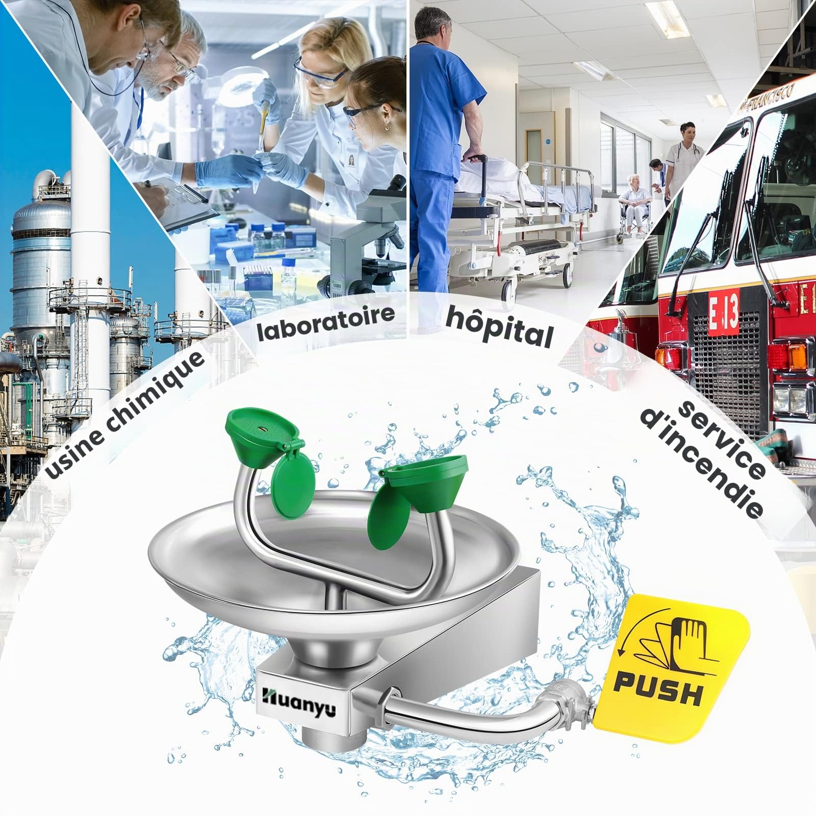 Huanyu Station de lavage oculaire murale, Kit de lavage oculaire(1301-1) | avec signalisation, lavage oculaire d'urgence, Fonctionnement mains libres, pour usine, laboratoire, chantier de construction