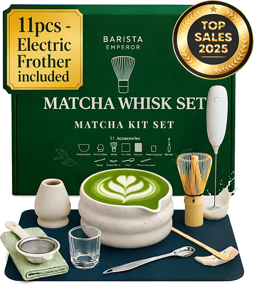 MATCHA WHISK SET PREMIUM 11pcs - Professional Matcha Kit Set with Matcha Bowl, Matcha Whisk, Milk Frother, Spoon, Sifter, Scoop, Stand, Cup, Tea Mat, Cloth - Matcha Bowl Set