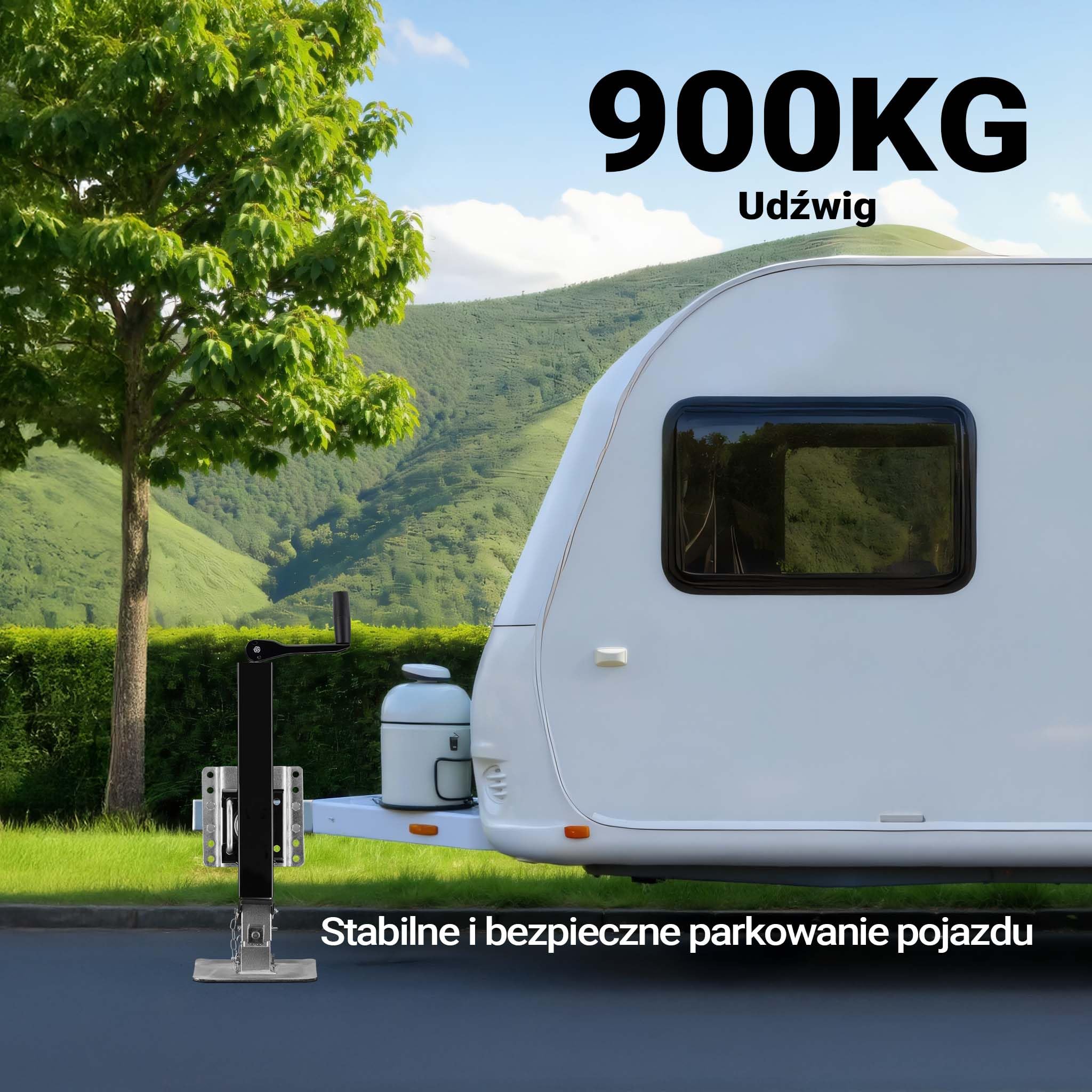 Wiltec Podpora o nośności do 900 kg z korbą górną do regulacji wysokości i bocznym uchwytem obrotowym, postojowa do przyczepy kempingowej