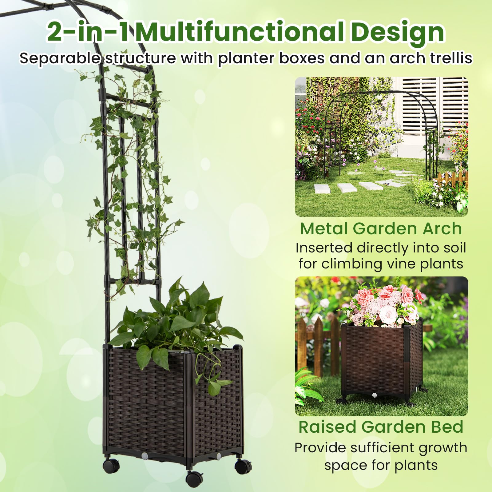 GOPLUS Rosenbogen mit Pflanzkästen, Gartenbogen mit Metallrahmen, selbstbewässernden Pflanzkästen mit Rollen, Torbogen Garten, Rosen Rankhilfe, Pergola mit Blumenkasten (288 x 40 x 202 cm)