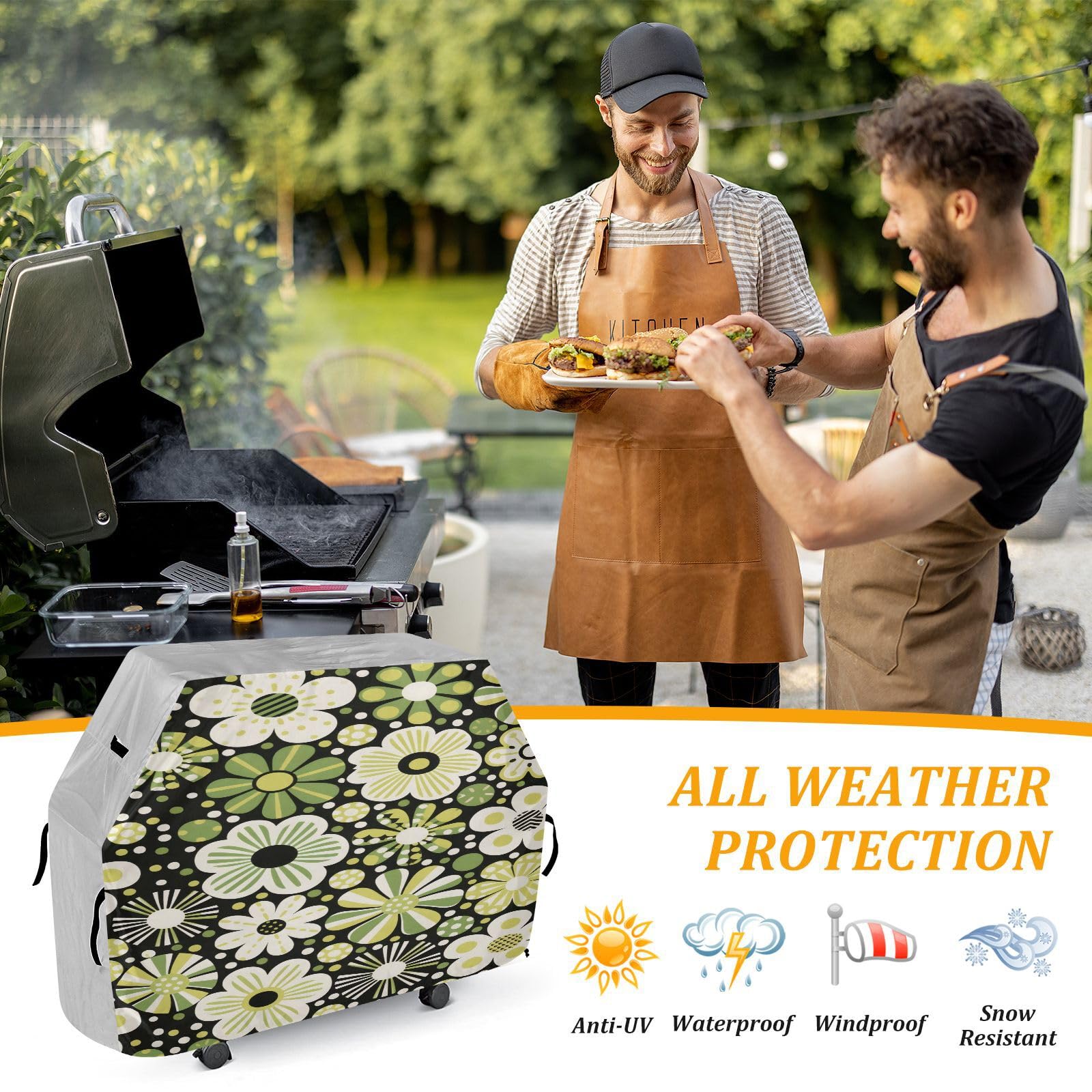 Copertura per barbecue da 165 cm, resistente, anti-UV, per esterni, copertura per barbecue, verde a pois