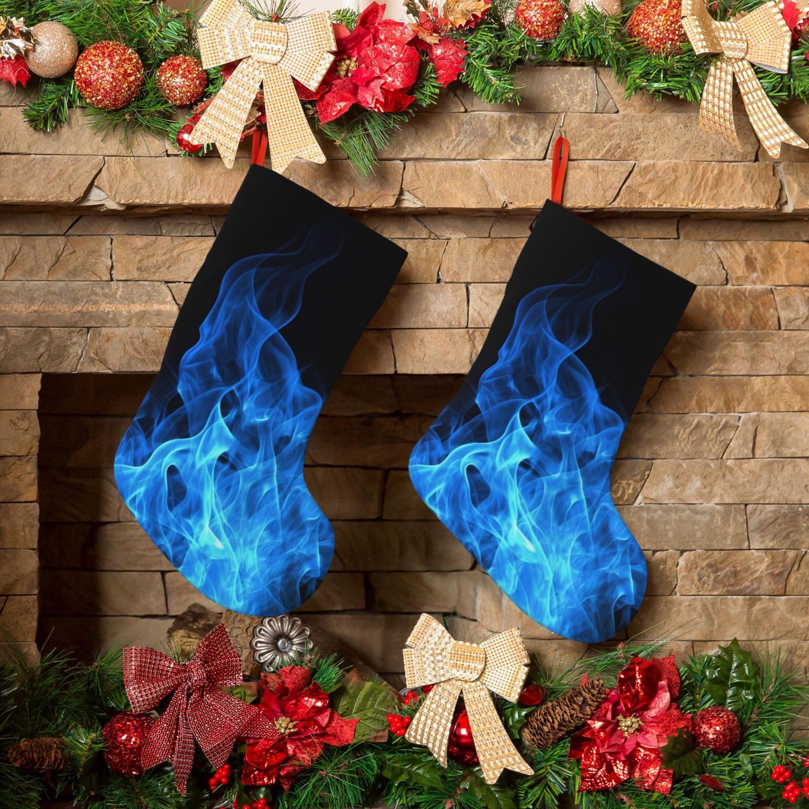 KLOPH Christmas Stockings 18" Personalized Xmas Stocking Blue Flame Decoration Stocking Hanging Fireplace Stocking for Holiday Xmas Tree Christmas Fireplace Decor
