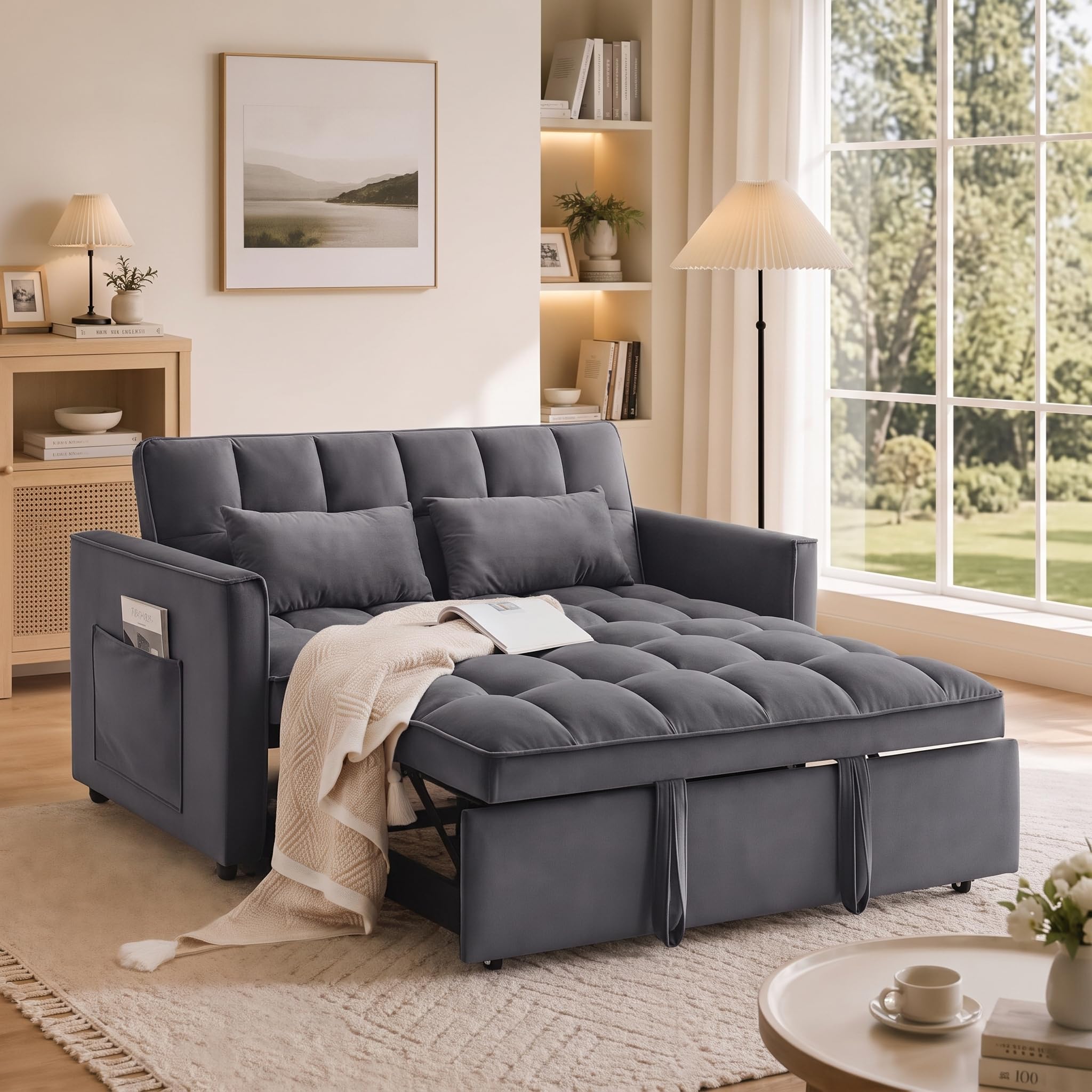 Sleeper Sofa Bed with Adjustable Backrest & Side Pockets, Gray | Adjustable Backrest & Side Pockets,Pull Out Sofa,Comfortable Fabric