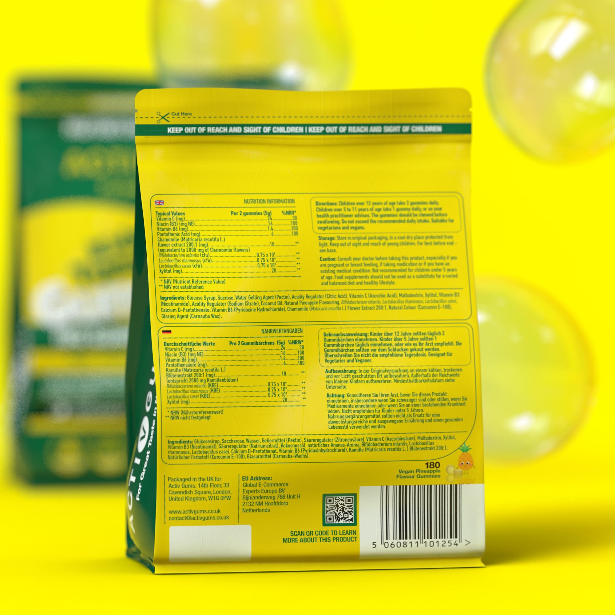 Kids Tummy 180 Vegane Gummis | Zur Unterstützung der Darmgesundheit | Vitamine C, B3, B5, B6, Kamille 1000mg, 1,125 Milliarden CFU Probiotika, Xylitol | Für Kinder ab 5 Jahren | ActivGums®