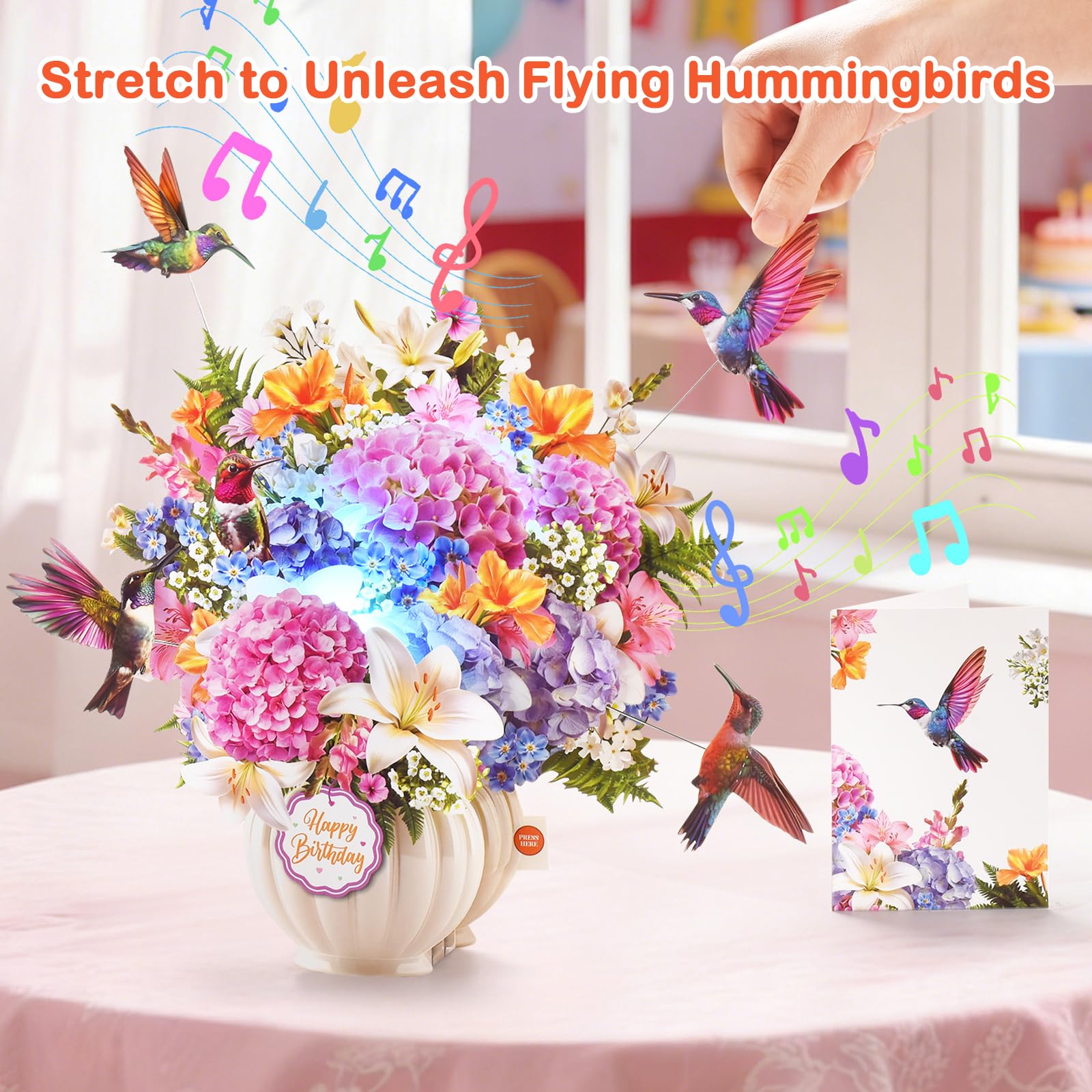 VIVIKEN Pop-Up-Geburtstagskarte mit Musik und Lichtern, 3D-ausziehbarer fliegender Kolibri, Blumenstrauß, Grußkarte, elegantes Blumengeburtstagsgeschenk mit Umschlag für Frauen, Ehefrau, Mutter